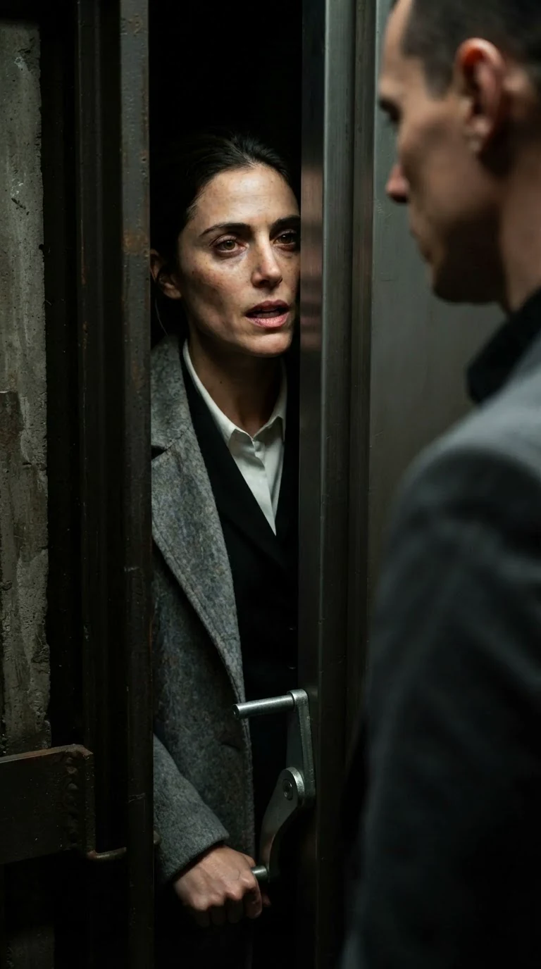 A woman answers a man through a narrow gap in the elevator doors.
