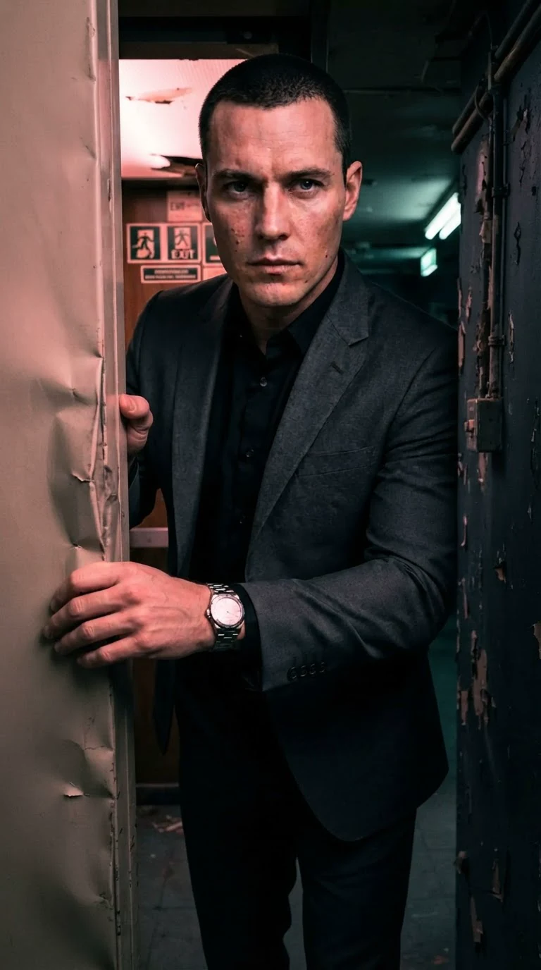 A tall man in a suit steps out of a stalled elevator into a dark corridor.