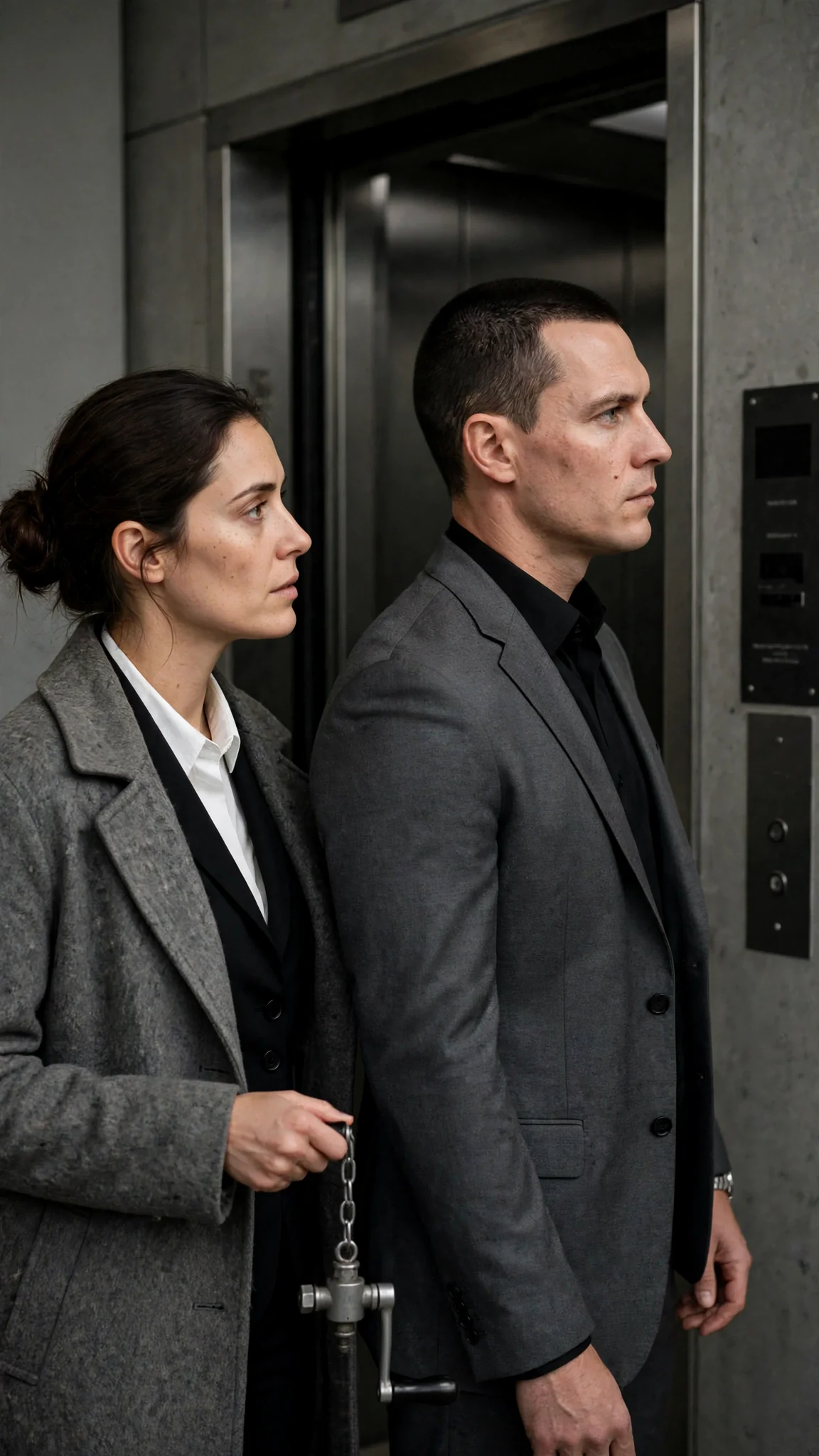A woman waits with the crank while the man looks past her at the wall panel.