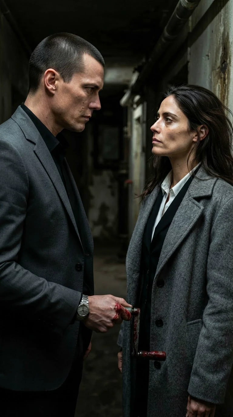 A man's gray eyes fix on a woman's face and her bleeding hand.