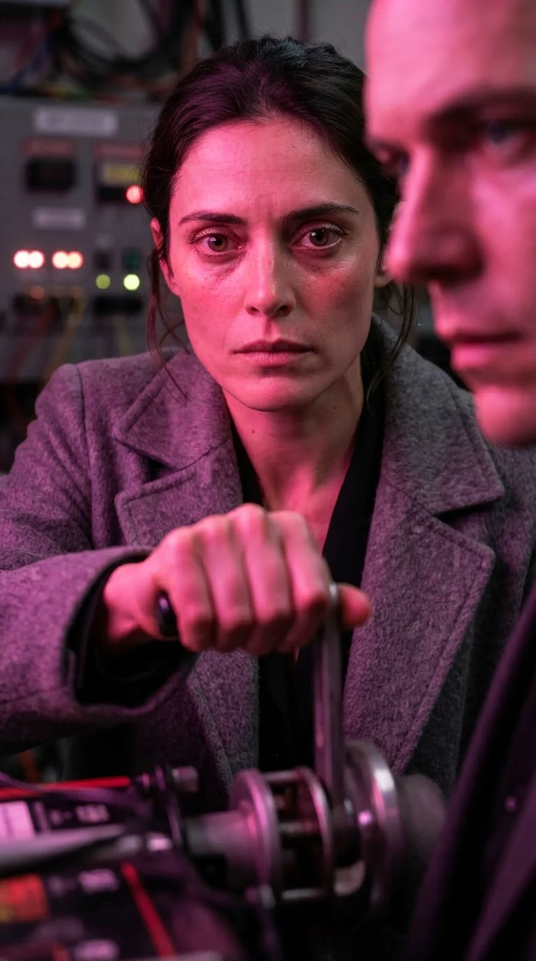 A woman feels exposed under a man's steady stare in a dark corridor.