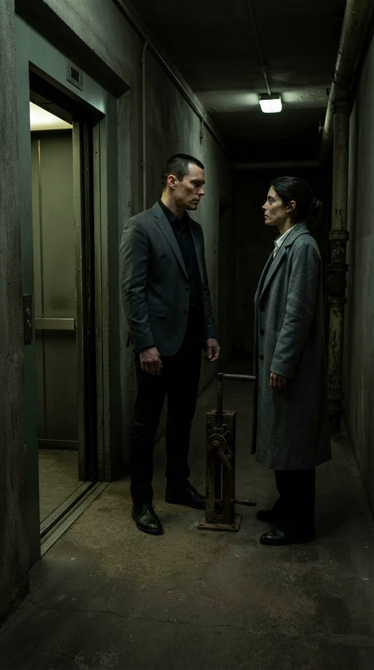 A man and a woman face each other, both still, in a dark corridor.