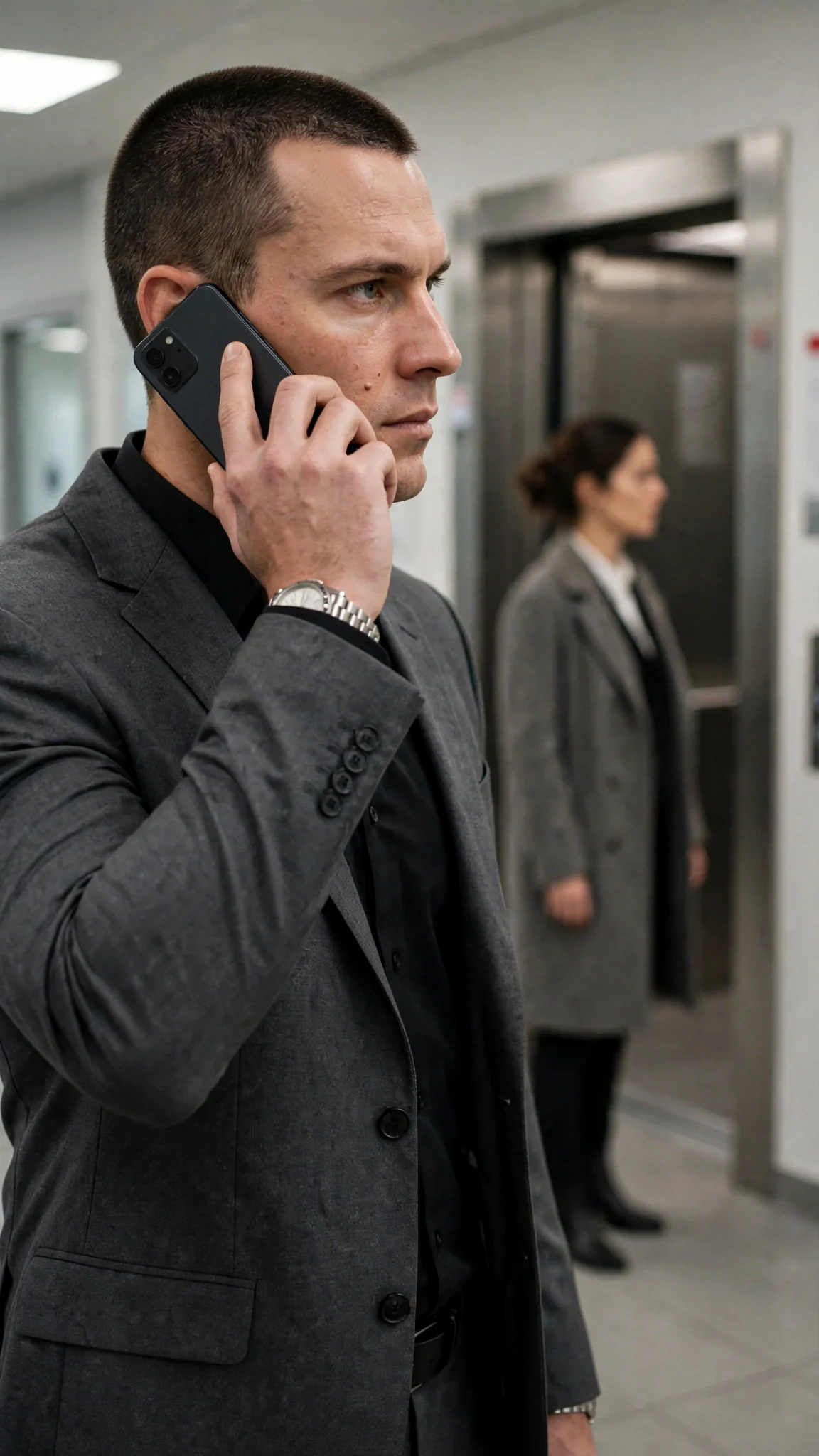 A man stops mid-stride in a lit corridor, head half turned.