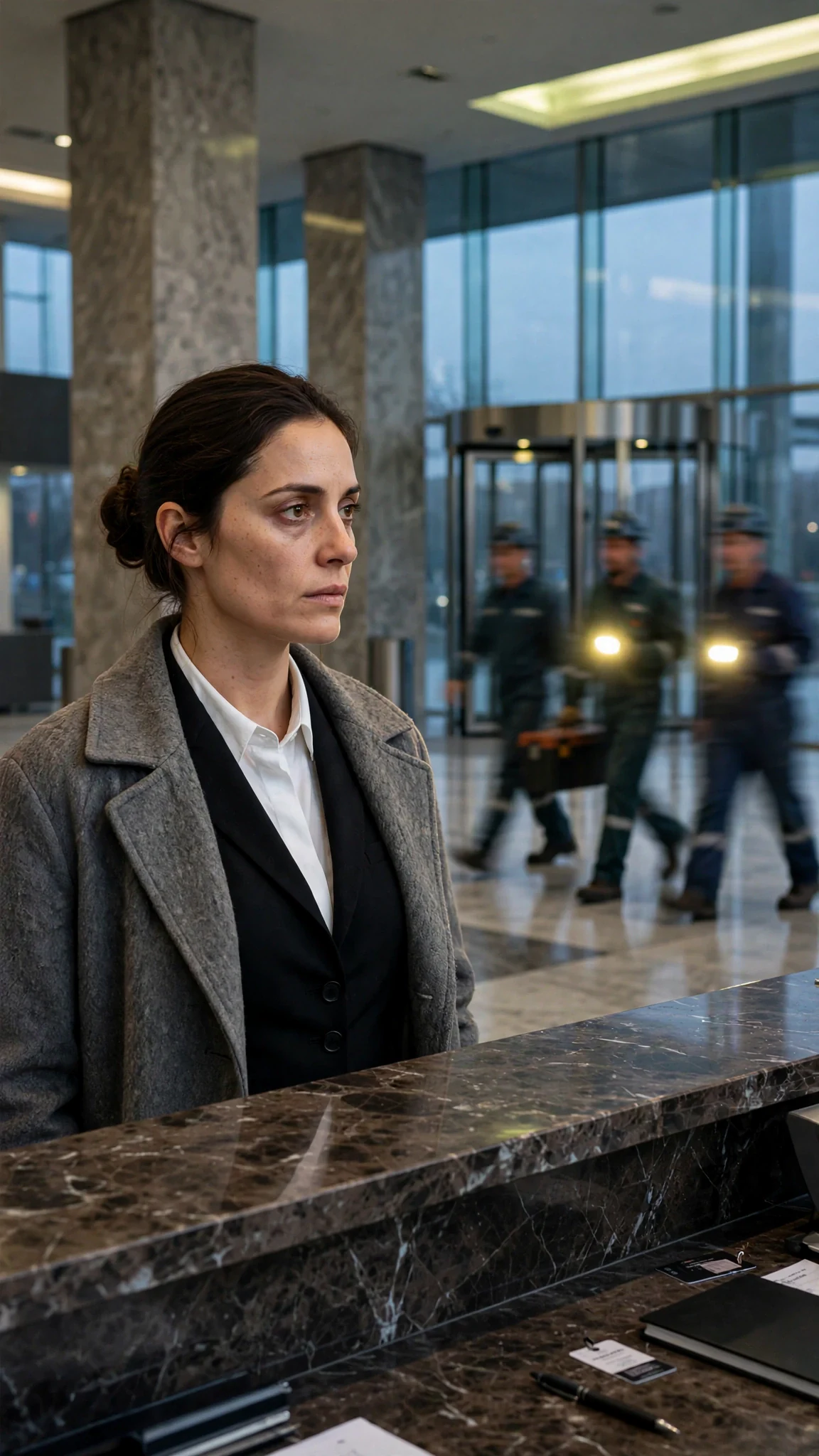 A tired young woman behind a night desk while repairmen cross a dark marble lobby at dawn.