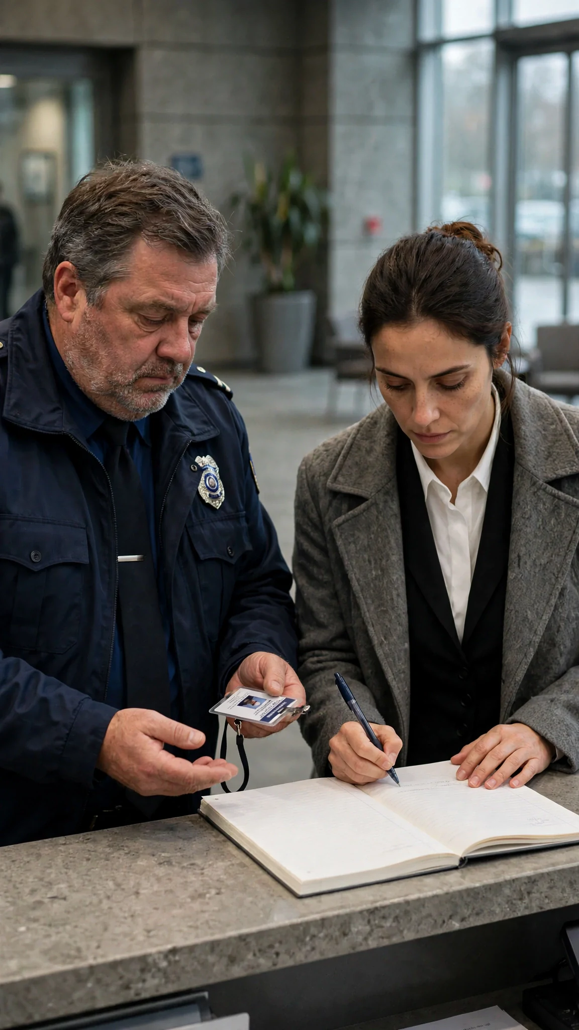 A security guard in his fifties holds out his badge at the desk while the young woman writes in a paper log.