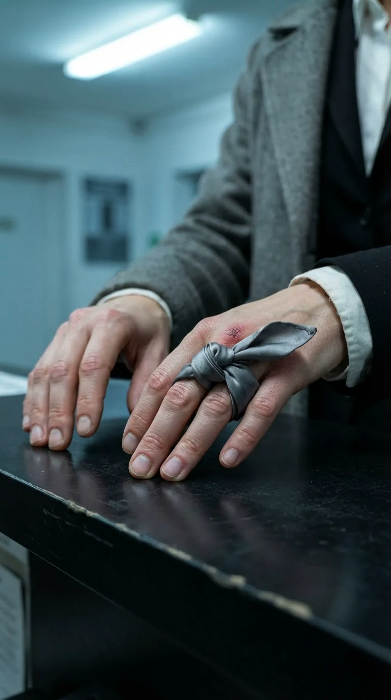 A woman's scuffed hands rest on a desk, one knuckle wrapped in an expensive grey handkerchief.