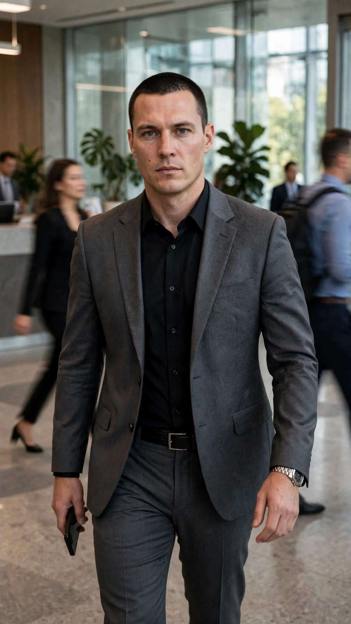 A tall chief executive in a charcoal suit walks through the lobby toward the desk, phone in hand.
