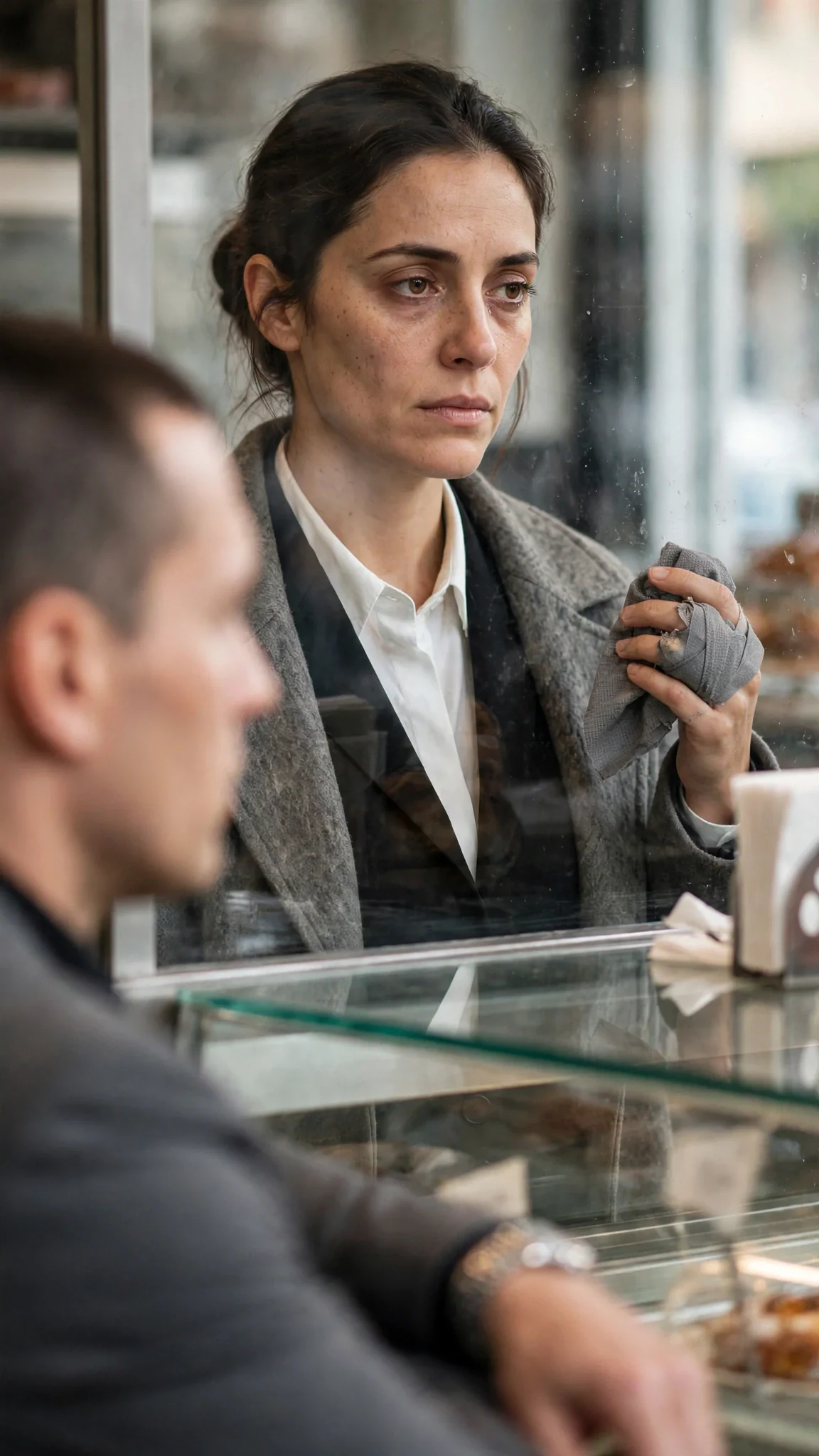 He stops speaking and simply looks at her hand, then her face.
