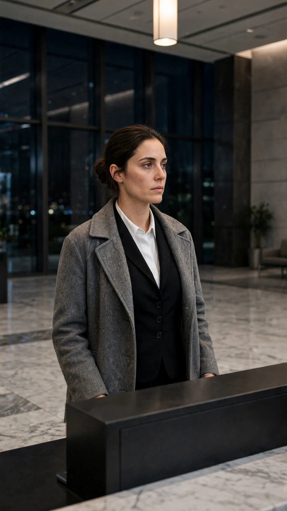 The woman stands alone behind the desk, hands trembling slightly, the lobby empty behind her.
