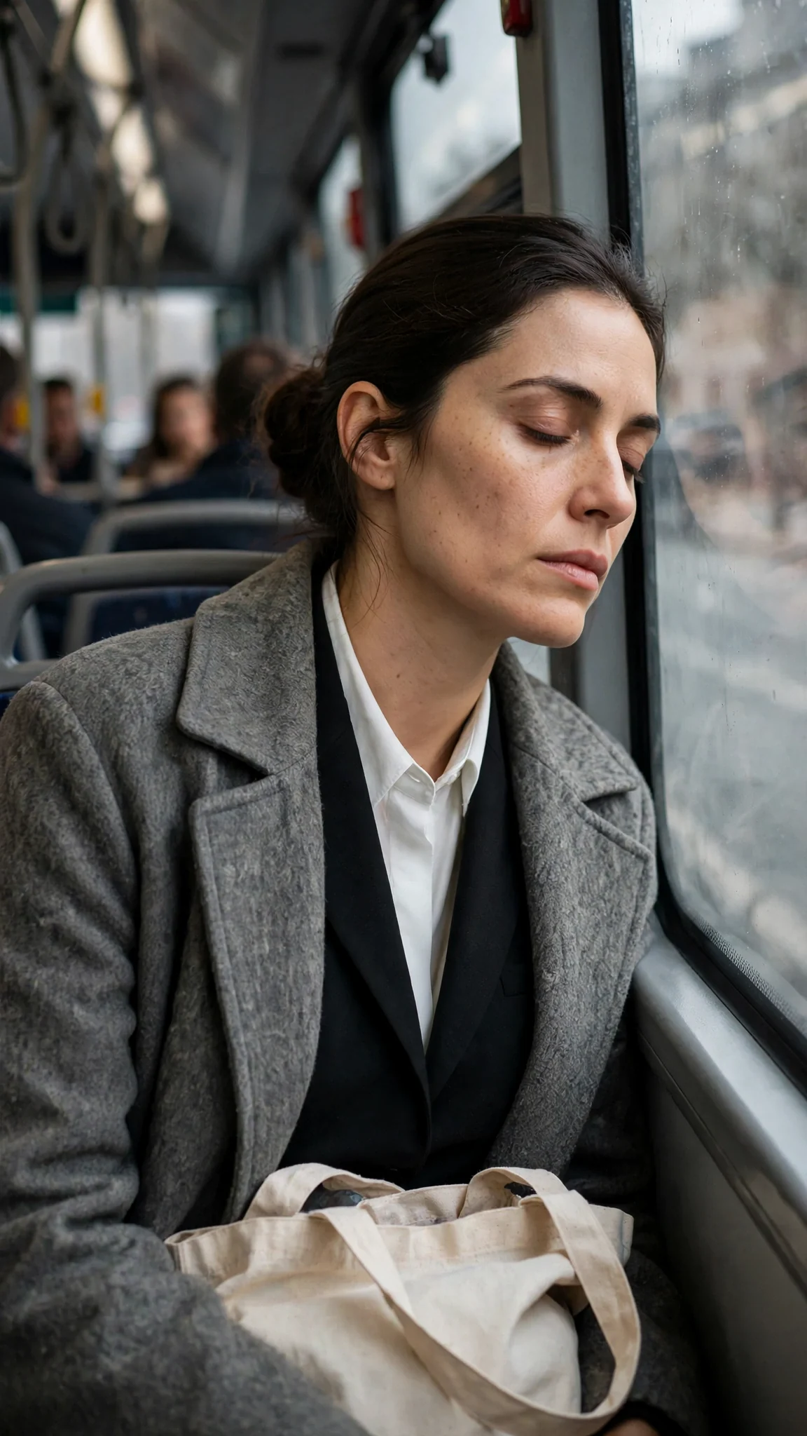 A woman rides a city bus in flat grey daylight, head against the window.