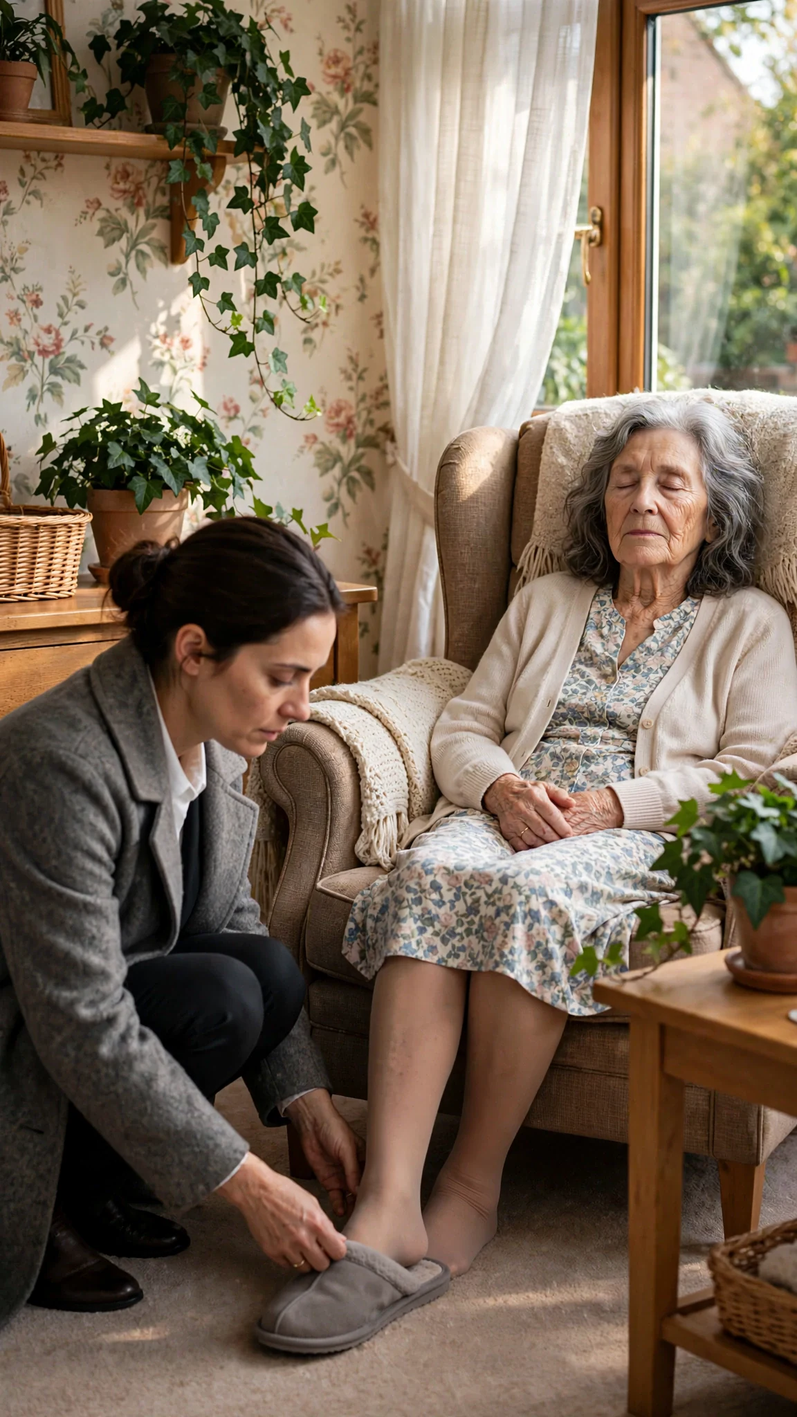 In a care home sun room, a woman crouches to put slippers back on her sleeping mother's feet.