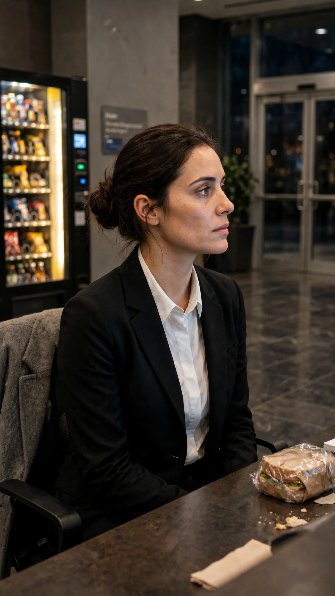 Back at the night desk in the evening glow, the woman drinks nothing and stares at the vending machine.