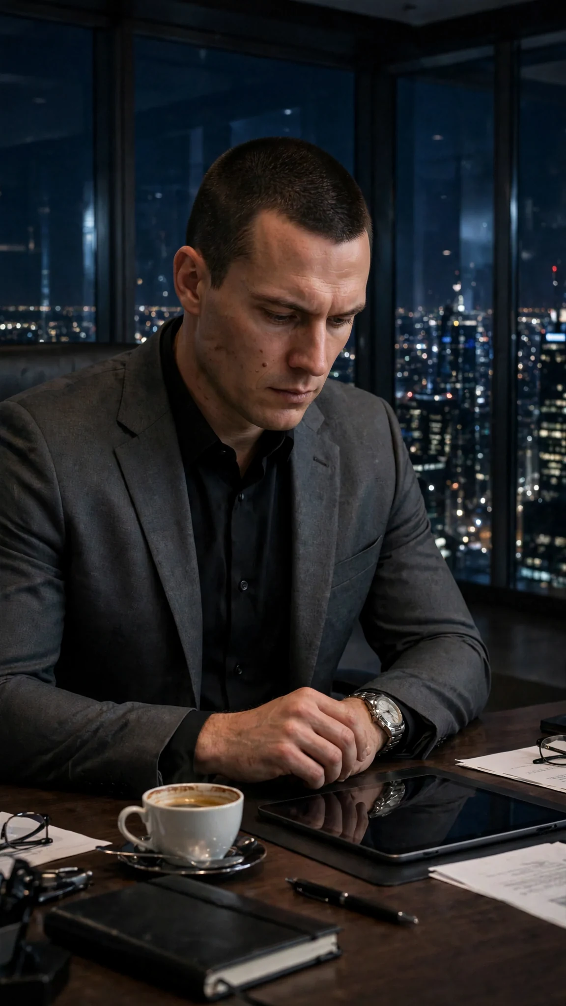 High above the city in a glass office, a man in a charcoal suit sets a tablet down beside his coffee.