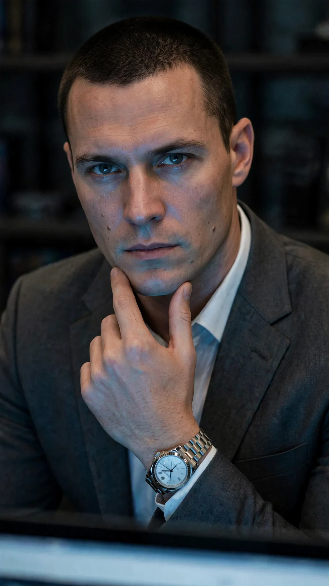 Close on the executive's face lit by a screen, his expression unreadable.