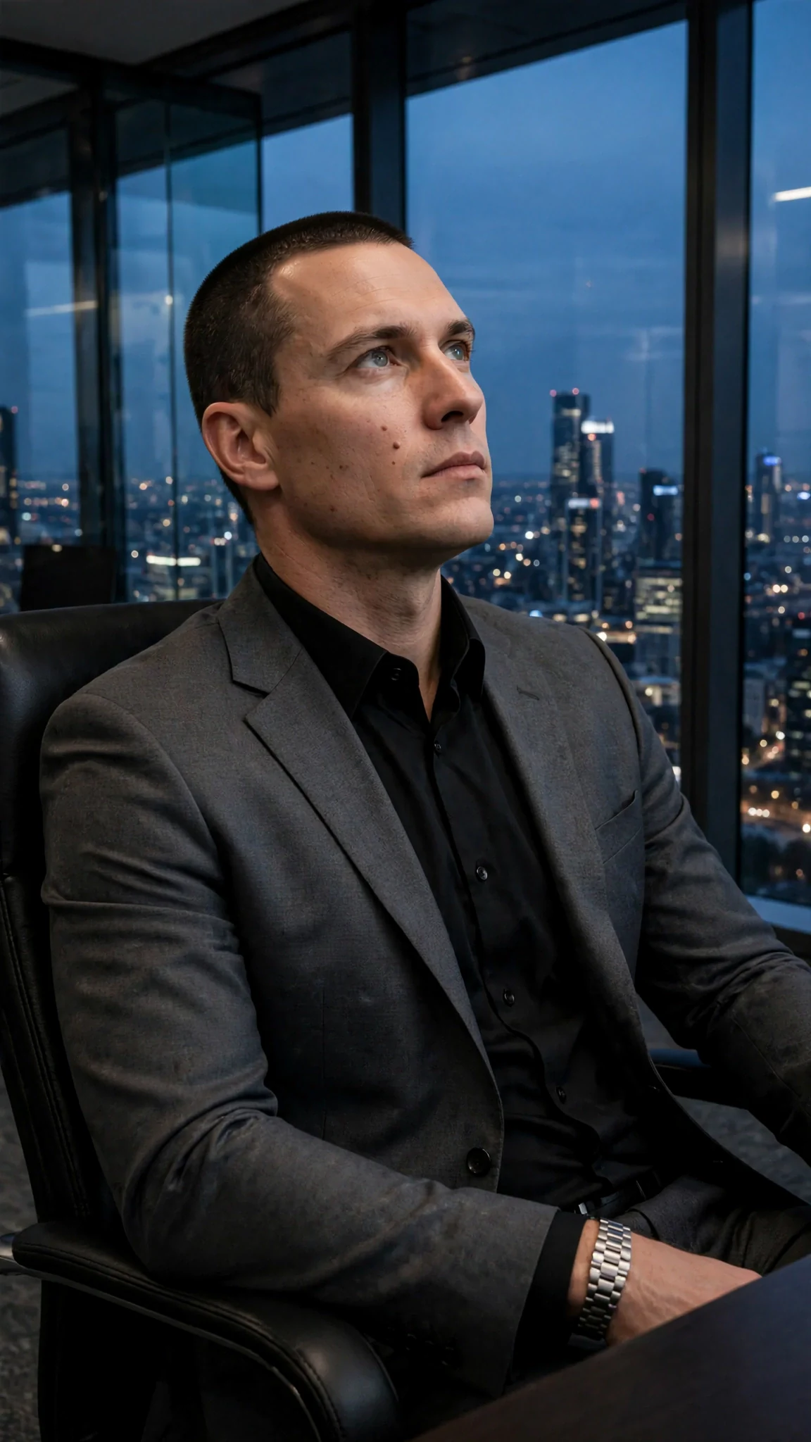 The executive sits back in his office chair, eyes on the city lights through tall black windows.