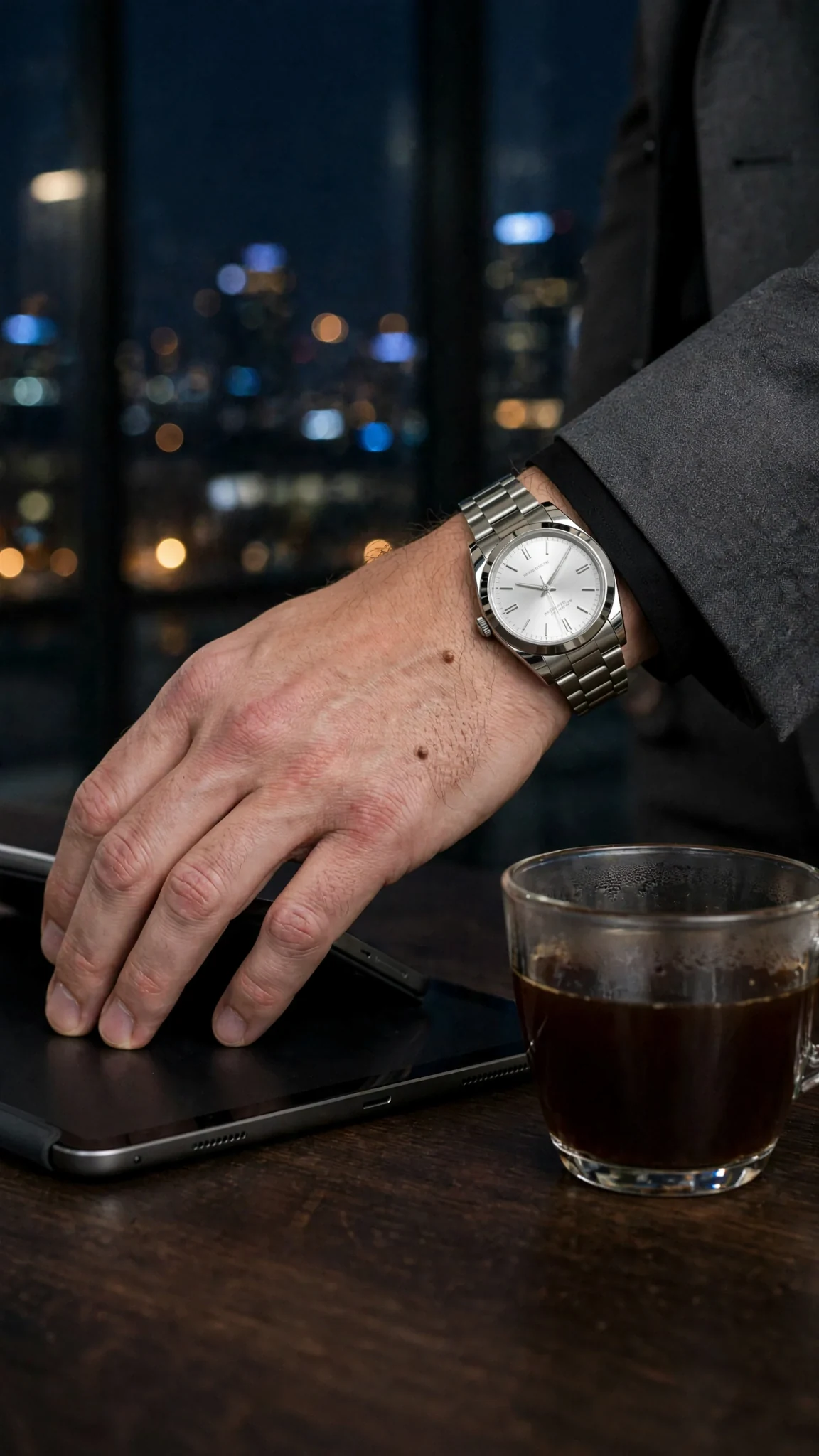 Close on his hand on the desk, fingers resting on a tablet beside a cold cup of coffee.