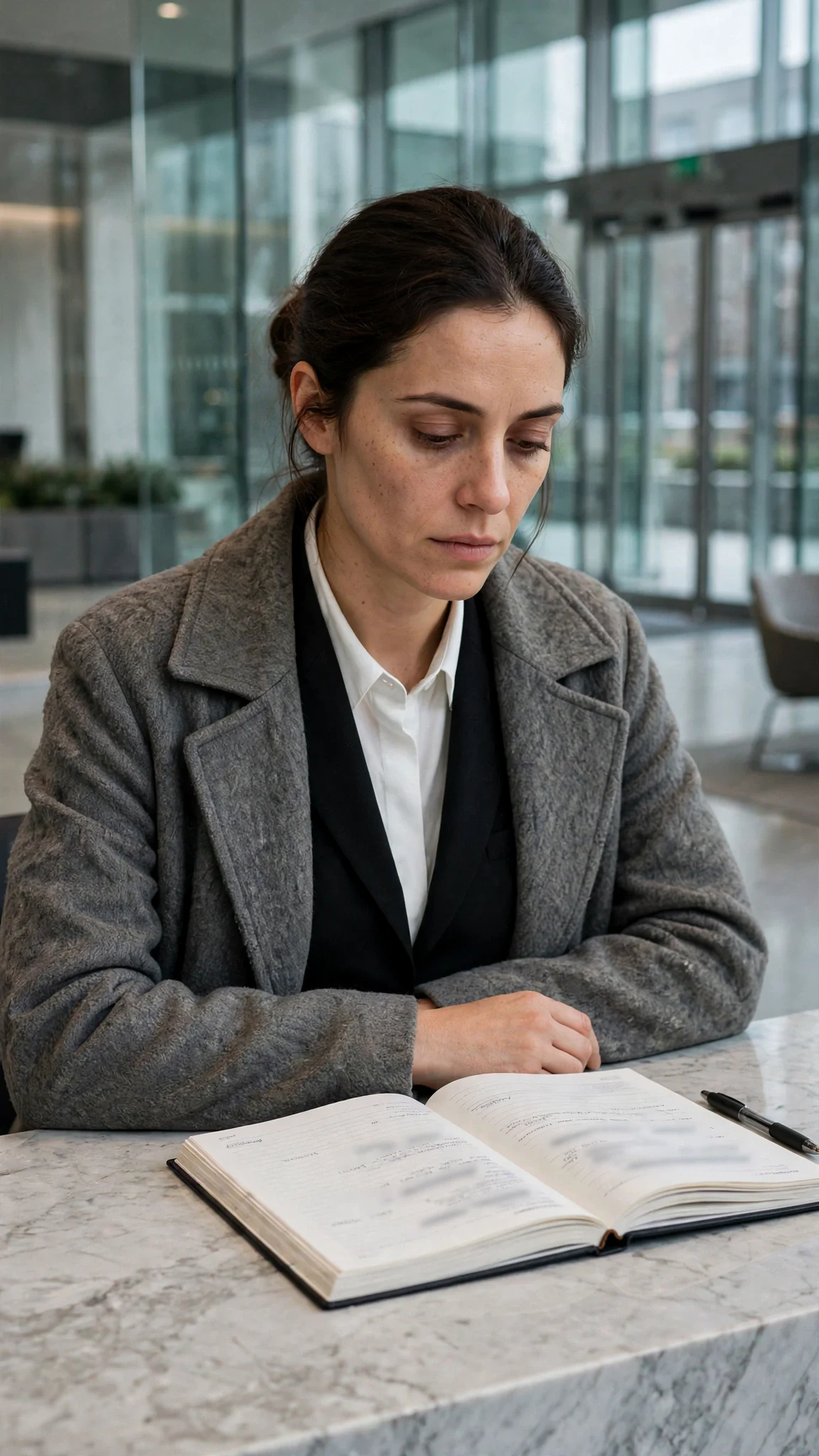 Talia stands behind the marble lobby desk, exhausted, the glass tower lobby cold and bright around her.