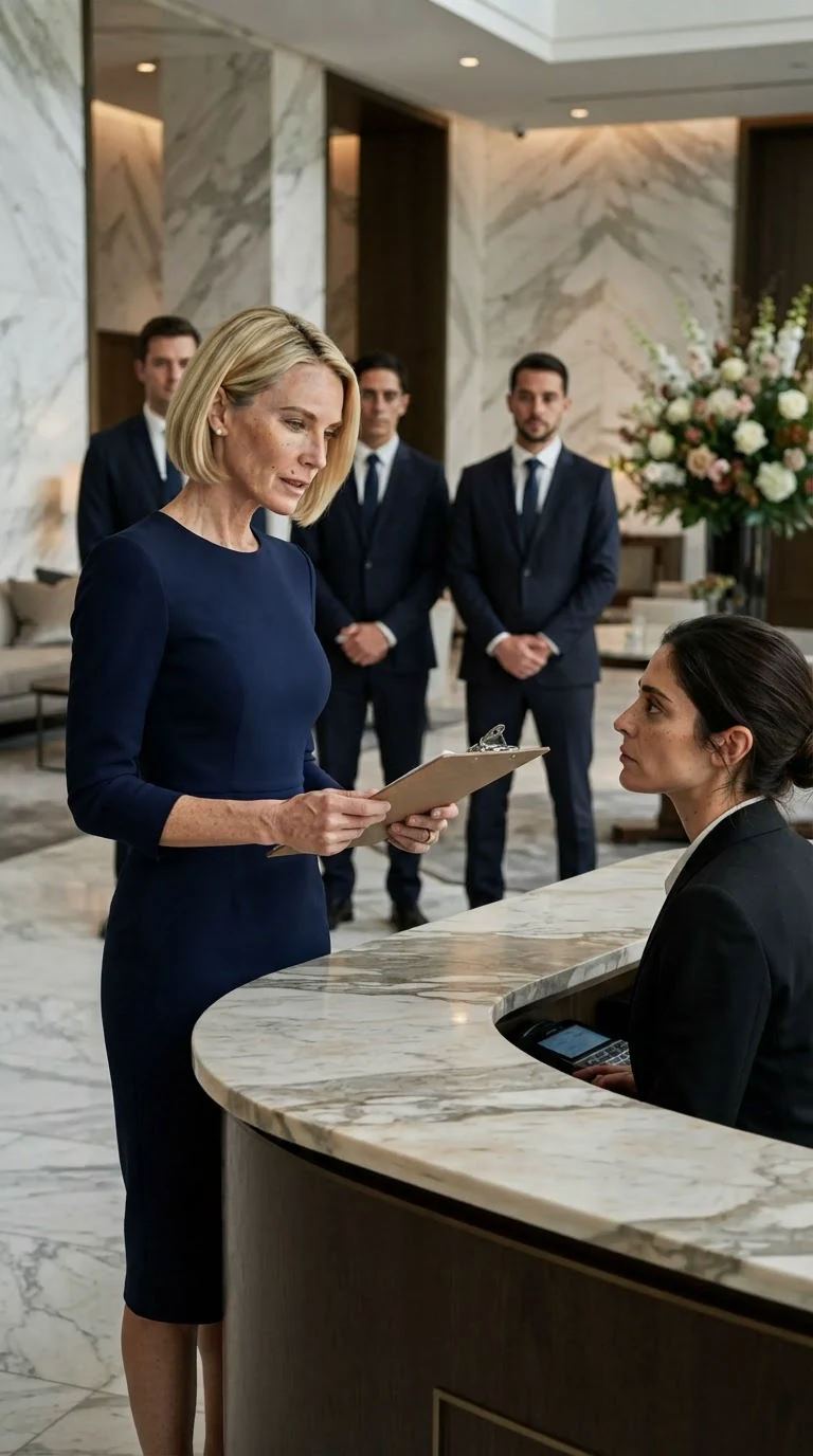 Rennie in a navy sheath dress stands in front of the desk with a clipboard, three men in suits behind her.