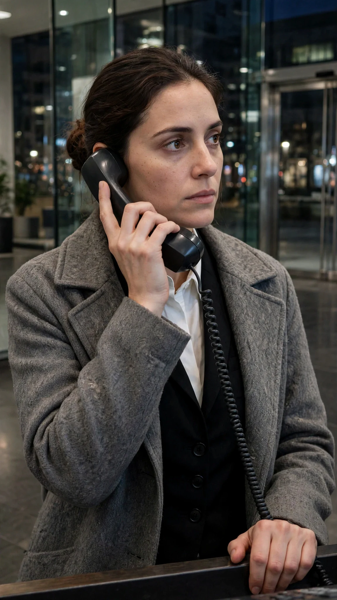 Talia holds the desk phone to her ear, her face pale.