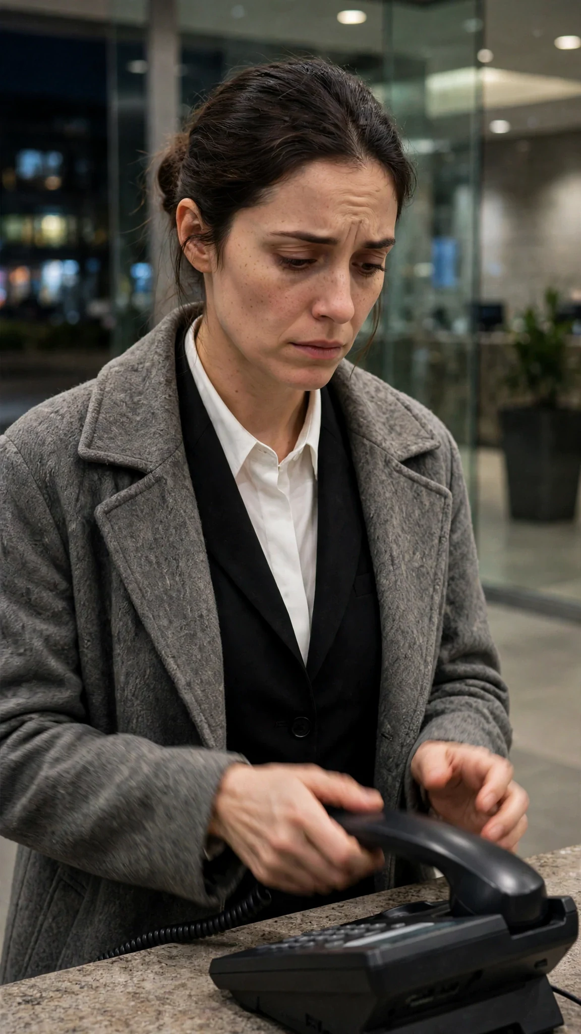Talia hangs up the phone, her hands shaking.