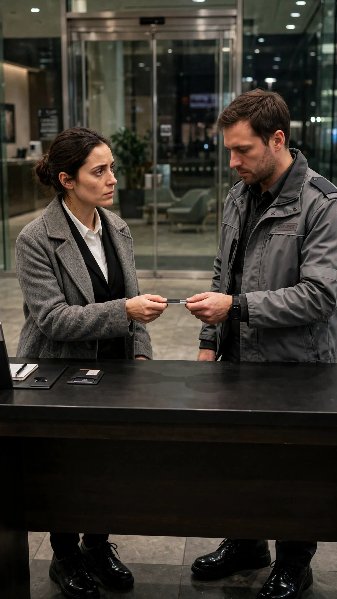 Talia hands the elevator key to the courier. His shoes are too shiny.