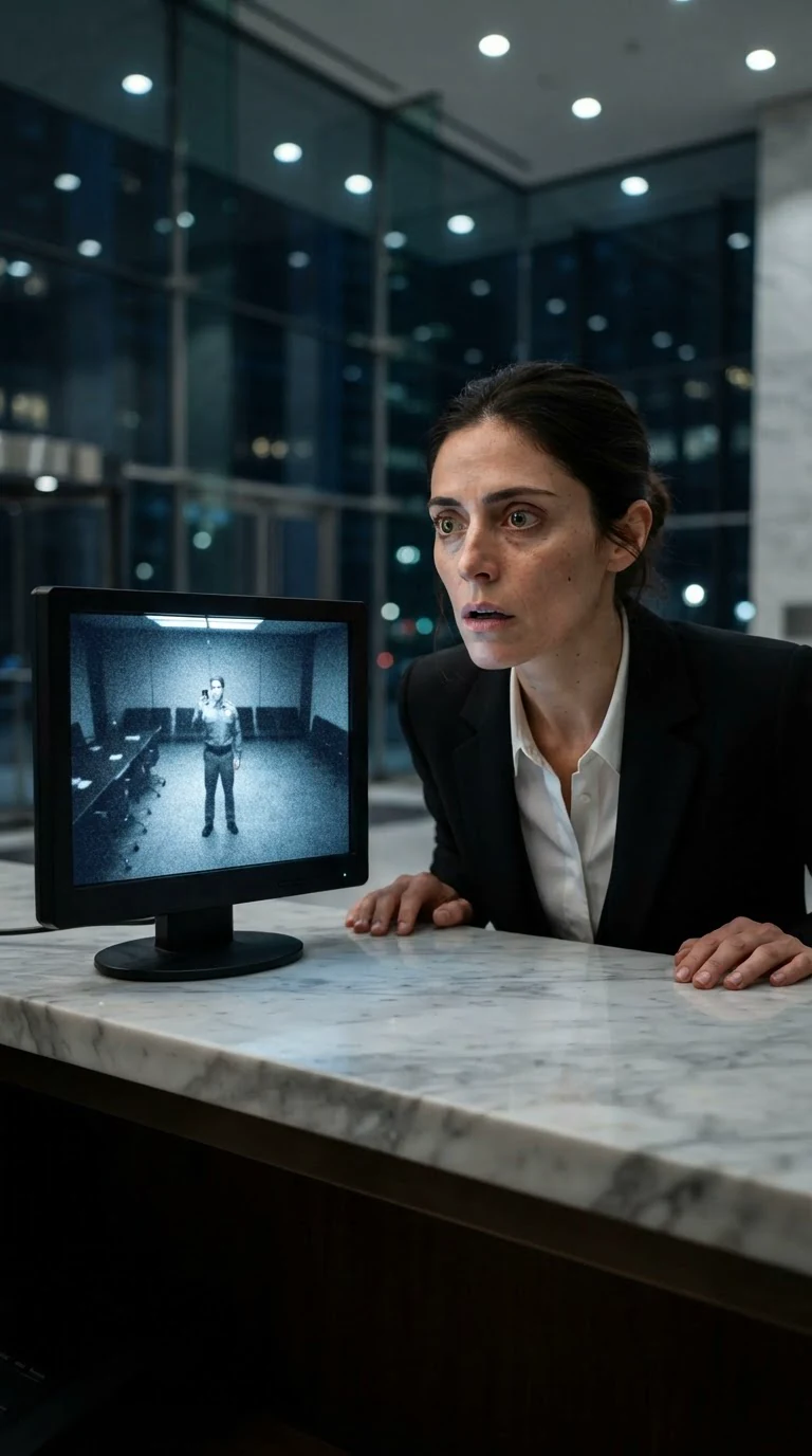 Talia stares at a small monitor behind the desk, her face horrified.