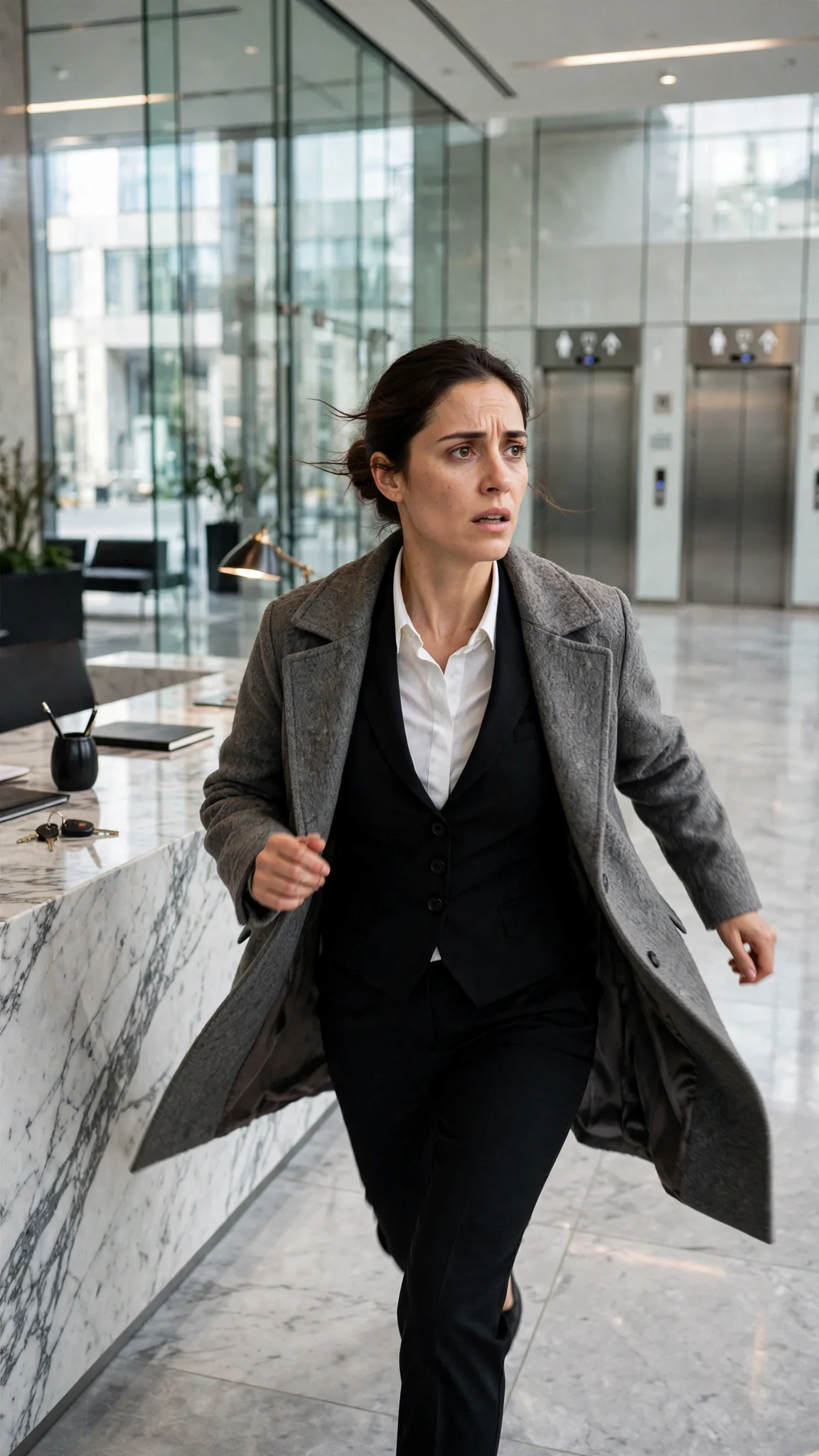 Talia runs from behind the desk toward the elevator bank.
