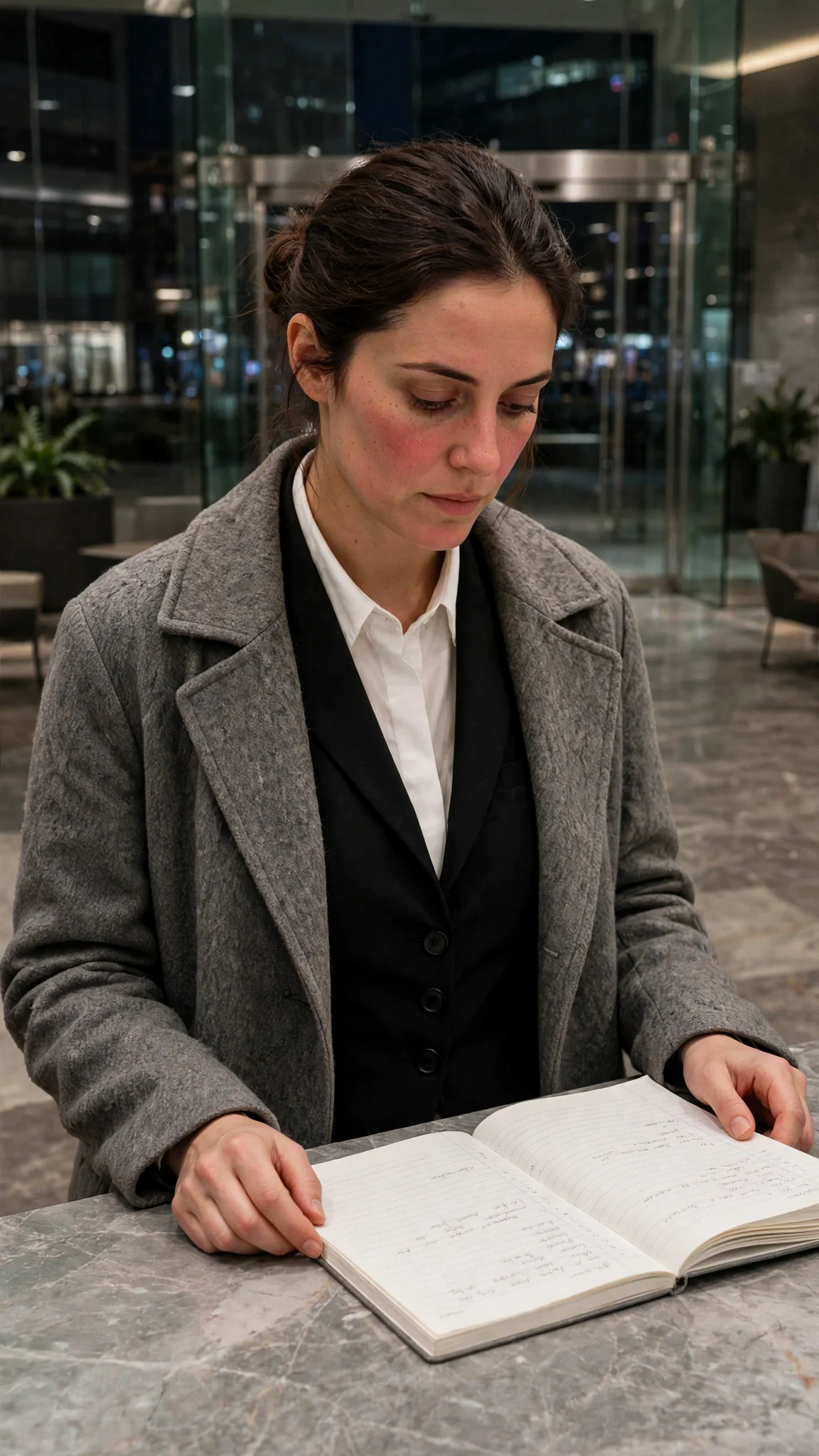 Talia stands at the desk, looking at the log, her face tight.