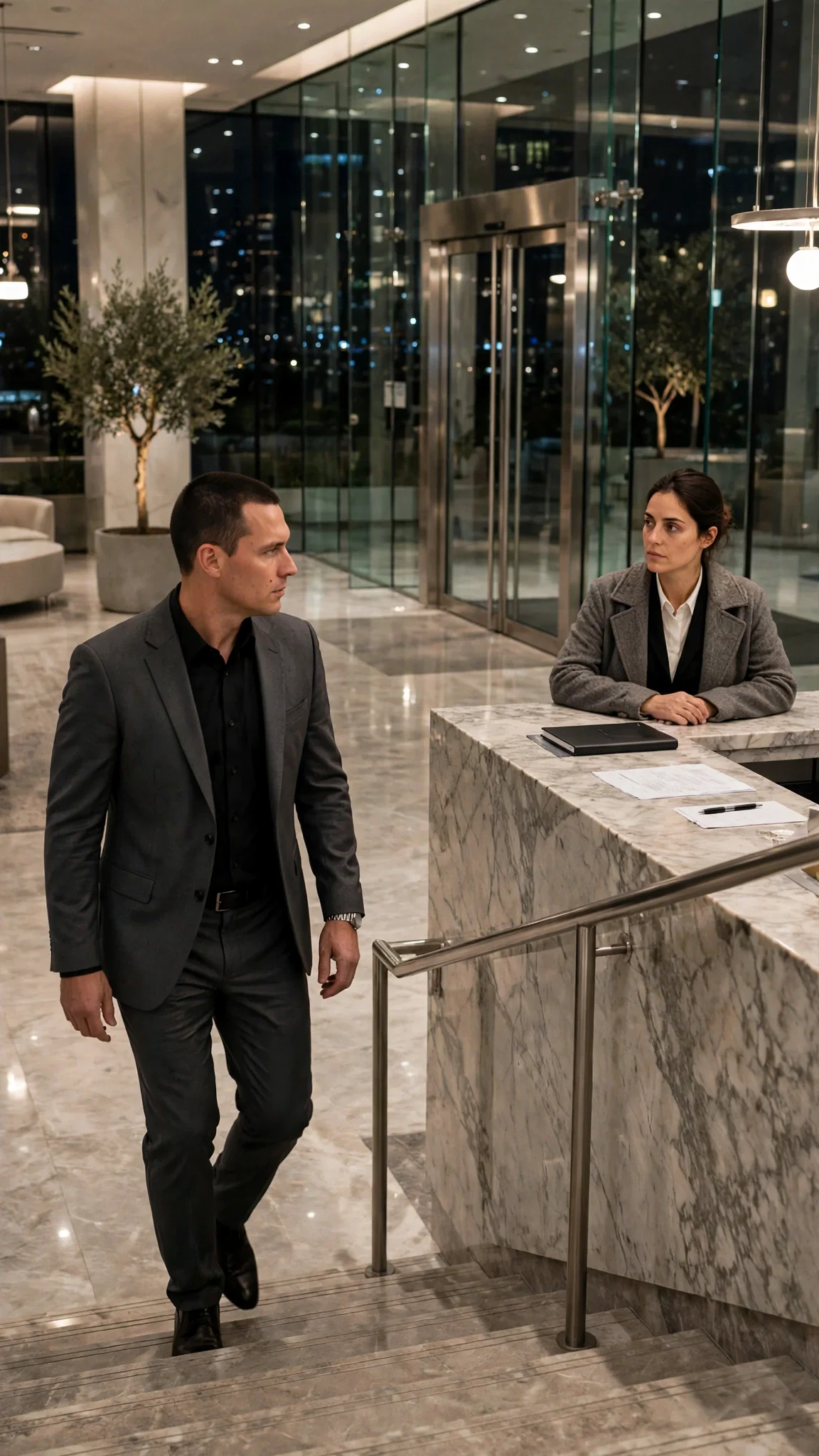 Coren walks down the stairs into the lobby. Talia watches from the desk.
