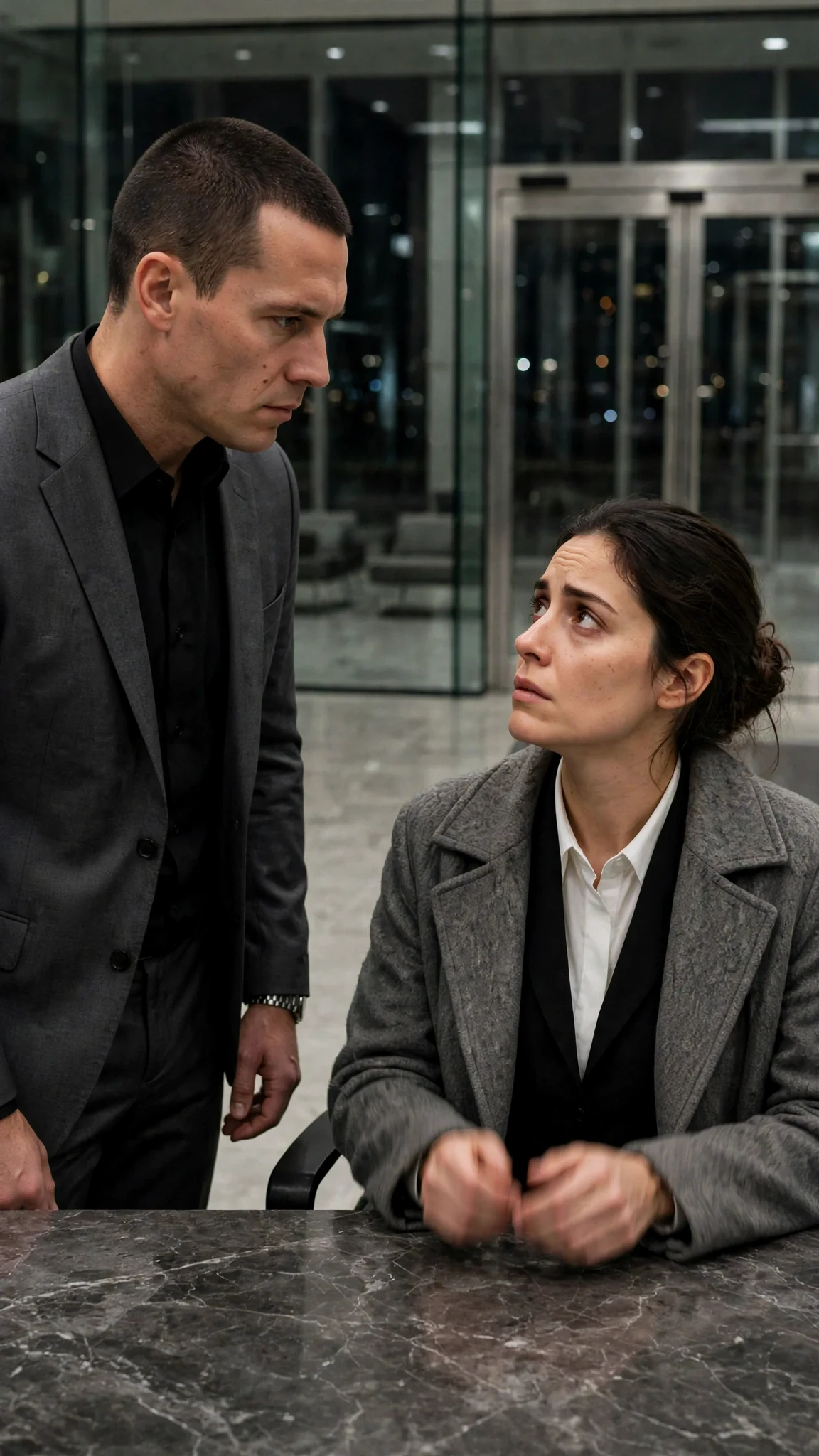 Coren stands in front of the desk, his gray eyes fixed on Talia.