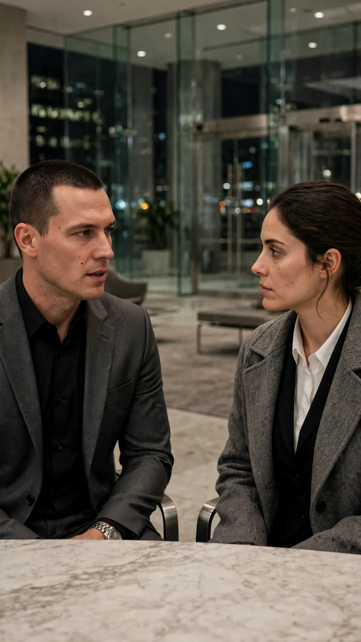 Coren speaks quietly to Talia, his face hard.