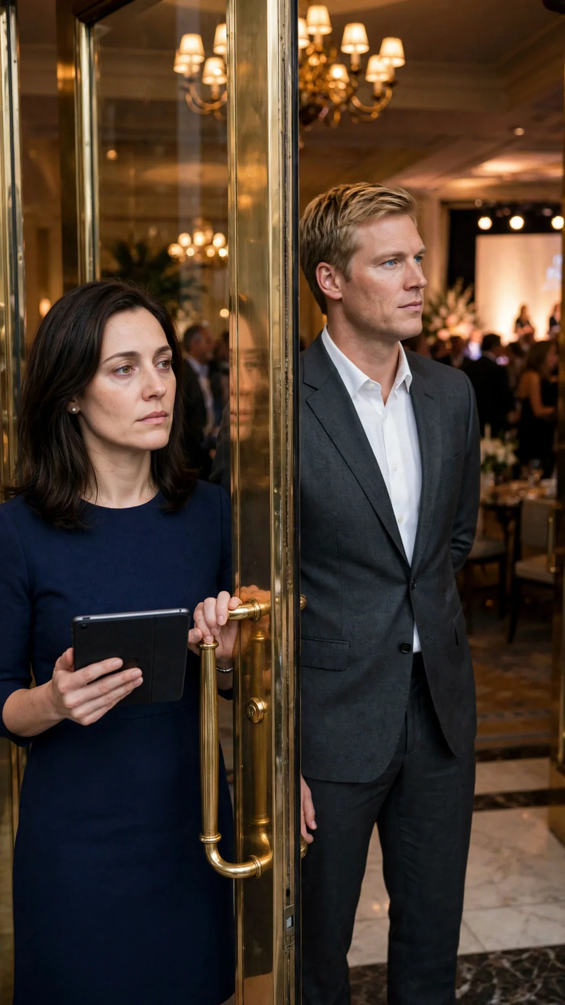 A dark-haired woman in a navy dress holds the lobby doors of a luxury hotel while a tall man in a charcoal suit stands beside her.