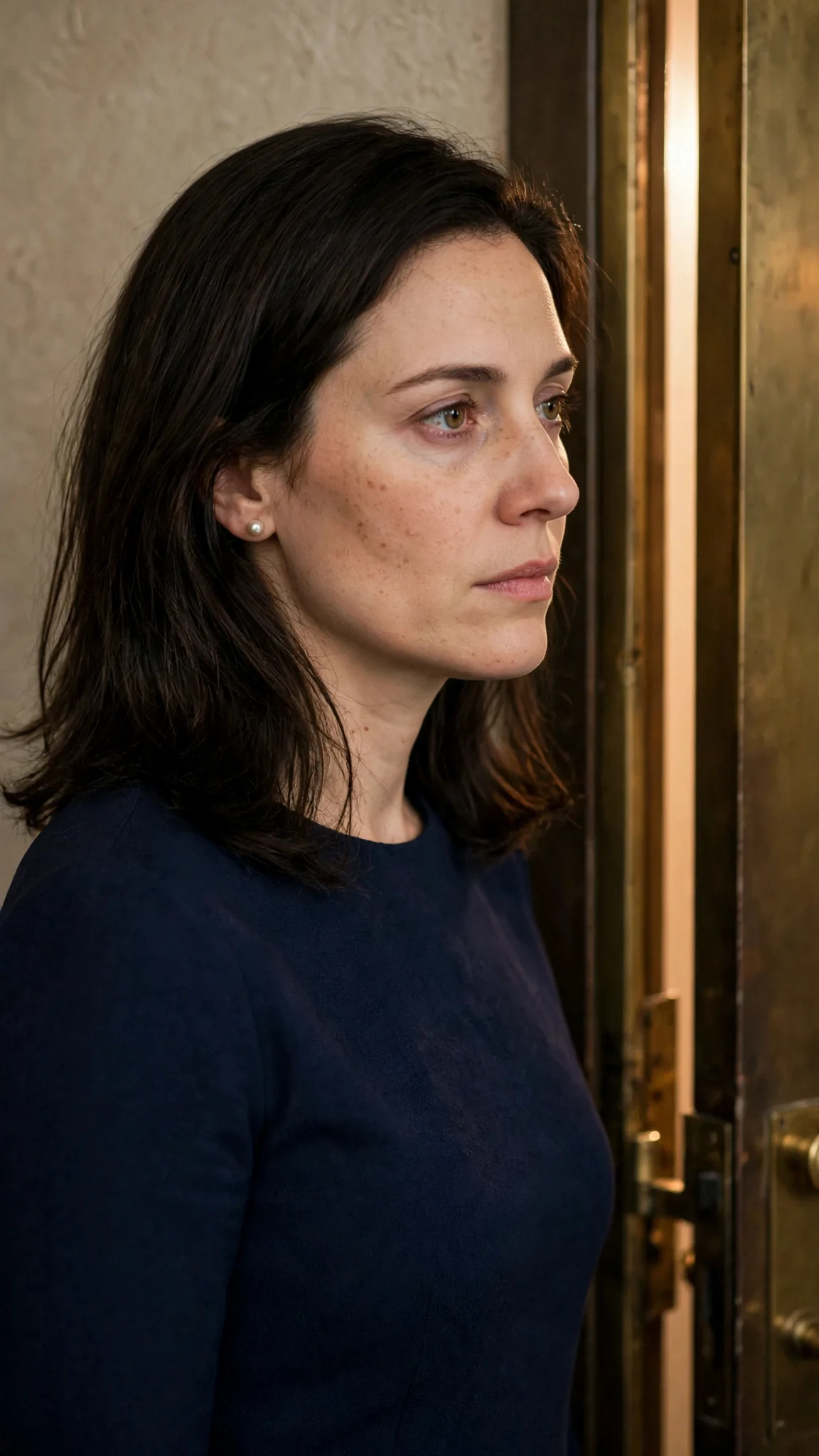 A woman stands close to a slightly open coat room door, listening, her jaw tight.
