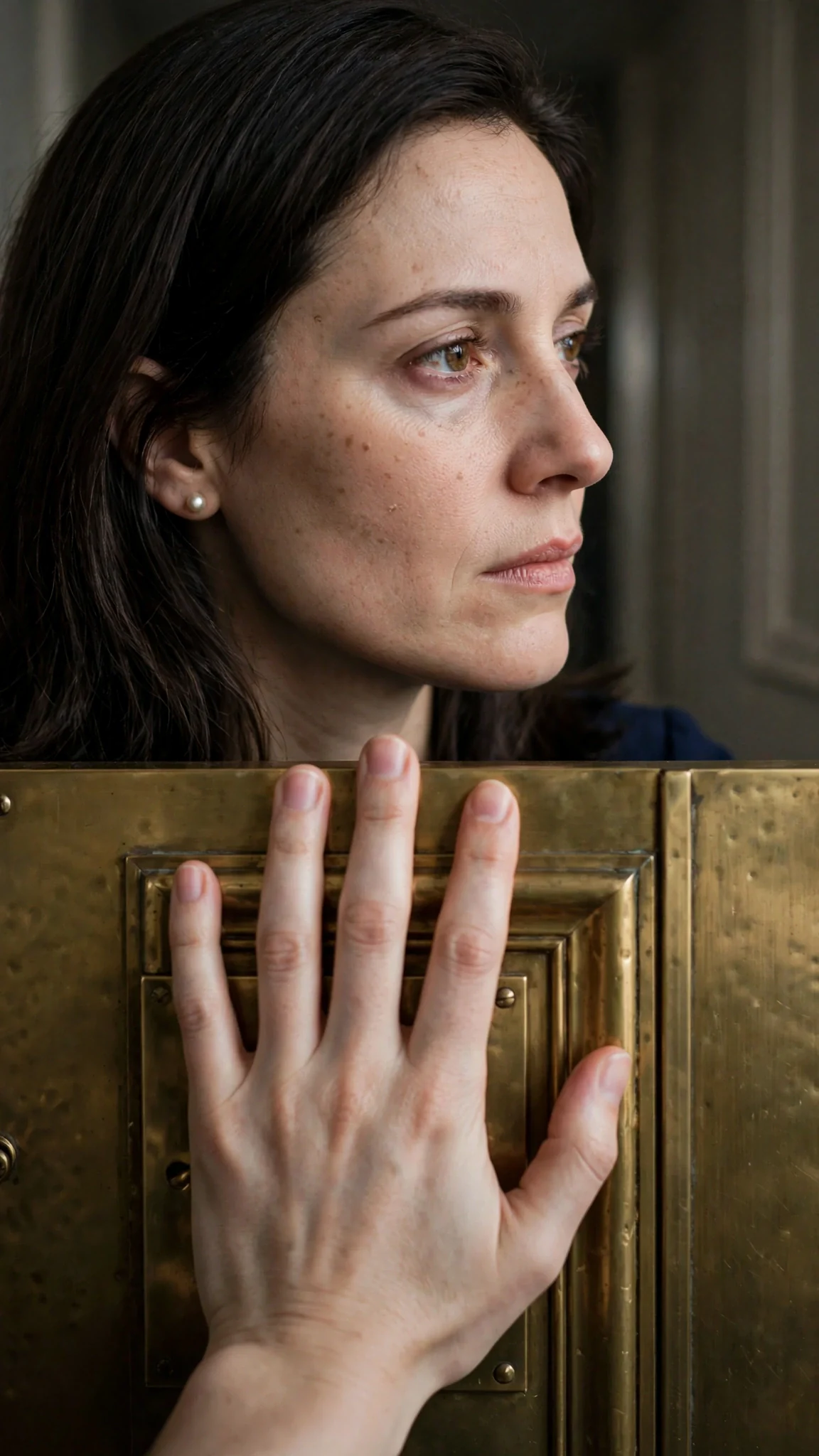 A woman's pale hand rests flat on a brass coat room door, not pushing it open.