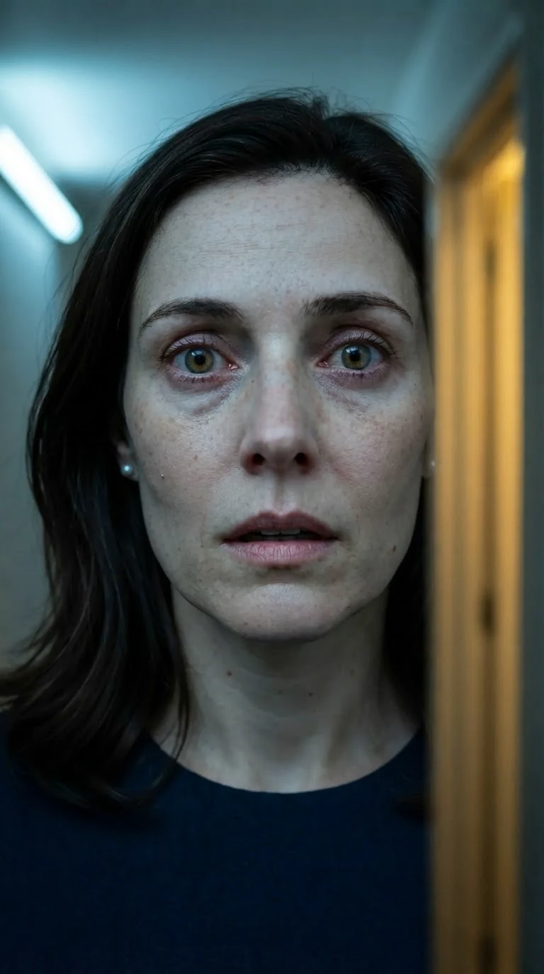 A woman's face in a hallway, eyes wet with shock, mouth slightly open.