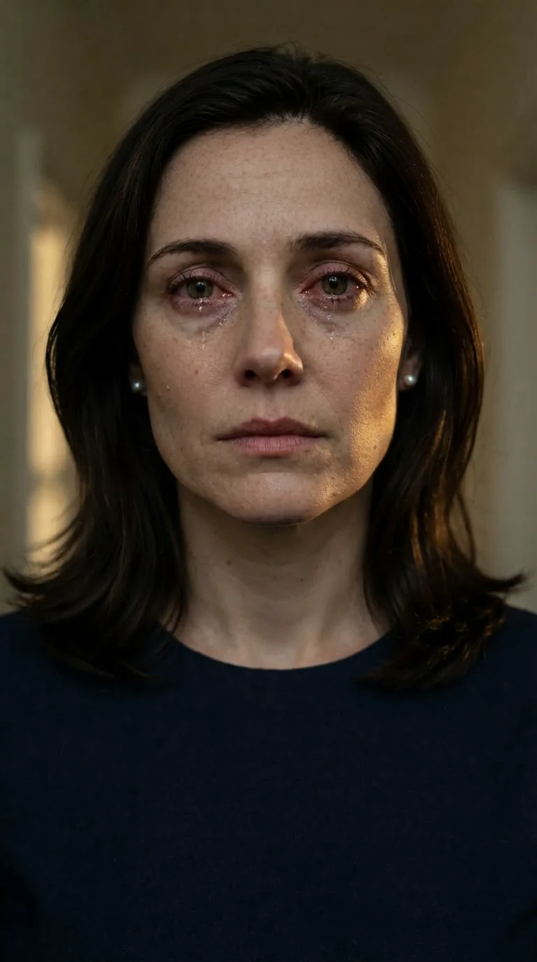 A close, still portrait of a woman holding her face together in a dim hallway.