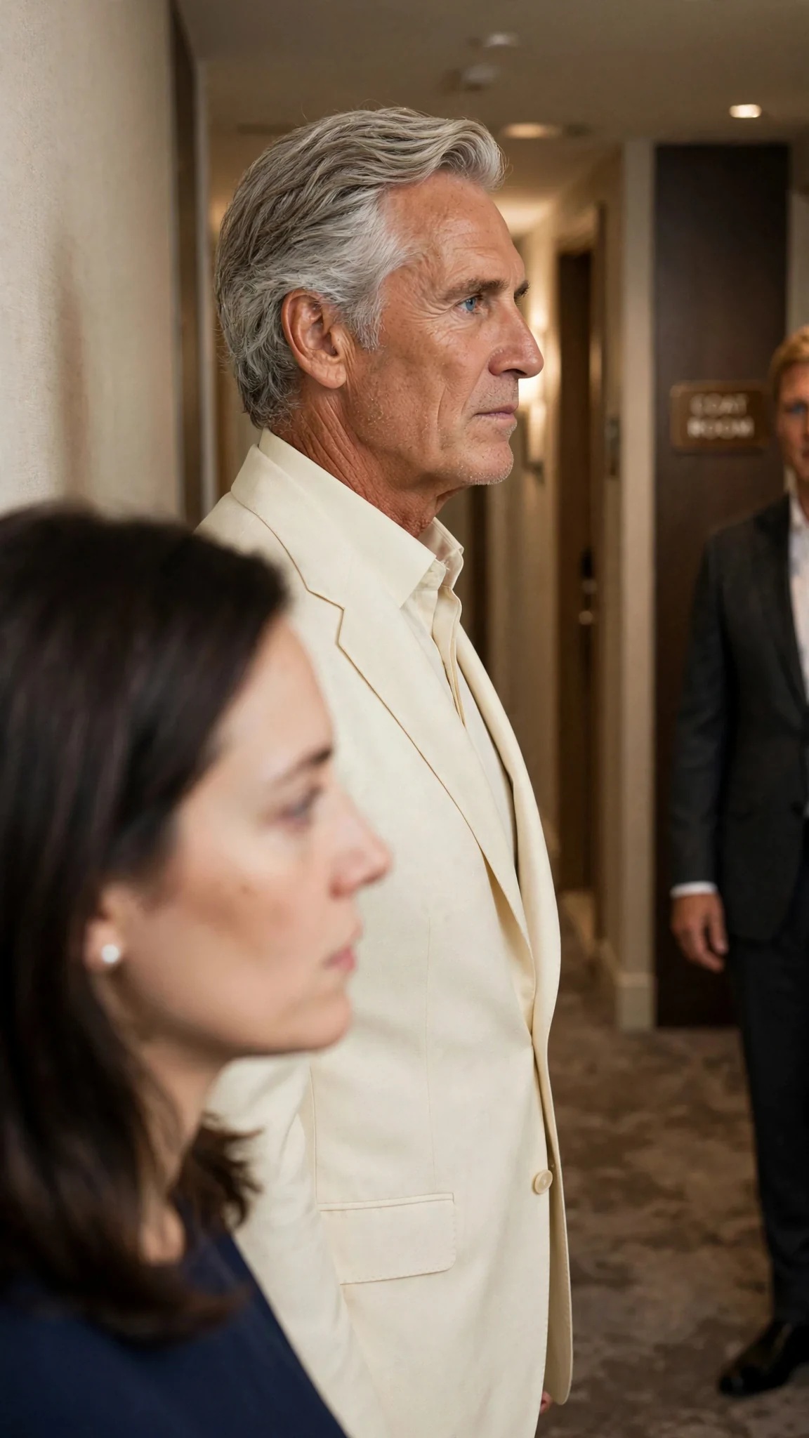 A silver-haired man in a cream jacket looks at the wall while a woman's stricken face blurs past him.