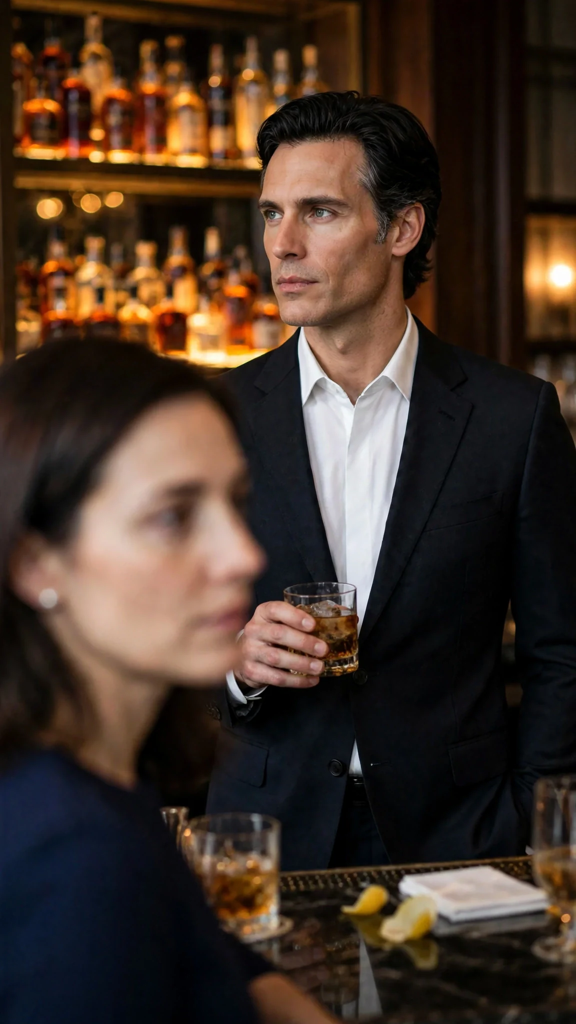 A dark-haired man in a dark suit stands at a hotel bar with a lowball glass, watching a woman approach.