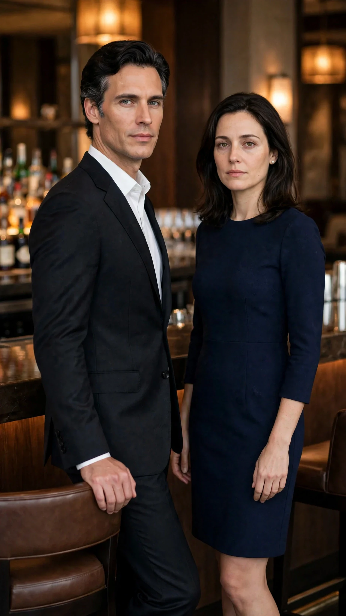 A man in a dark suit pushes a bar stool out with his foot for a woman standing beside him.
