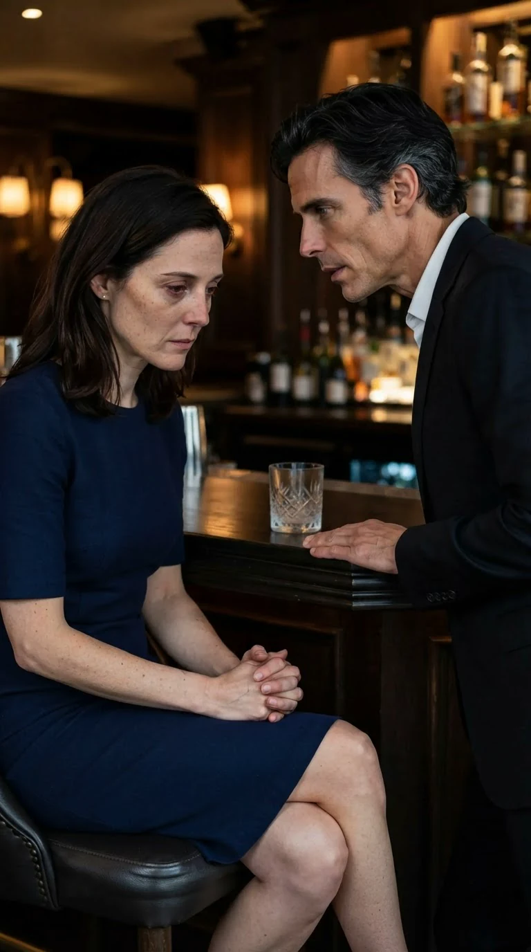 A woman sits at a hotel bar with her hands in her lap while a man in a dark suit speaks to her plainly.