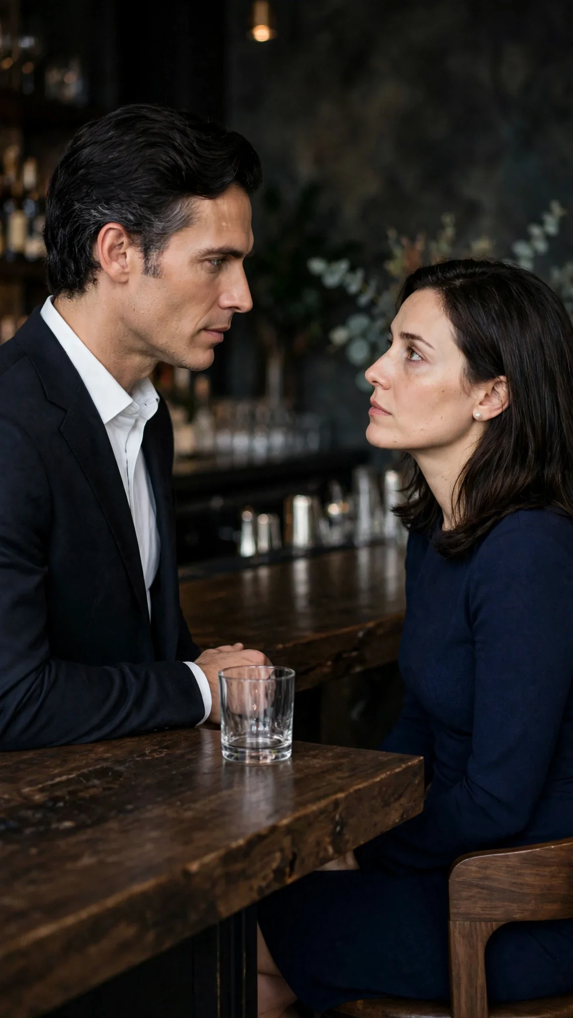 A dark-haired man at a bar looks directly at a tired woman, asking her a quiet question.