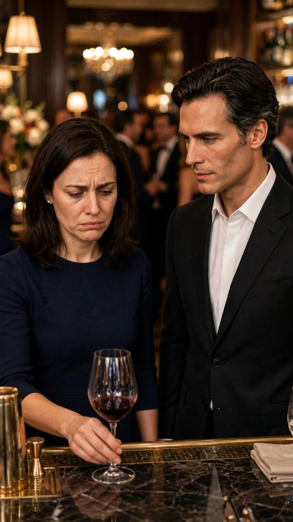 Camille stands at the hotel bar beside Elias, her face pale and her hand trembling around her glass.