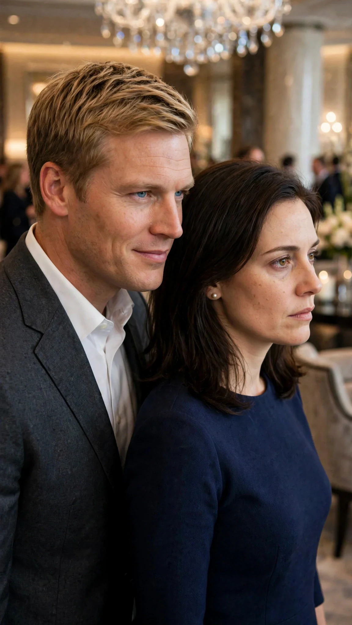 Graham approaches Camille in the hotel lobby, smiling for guests while his eyes stay cold.