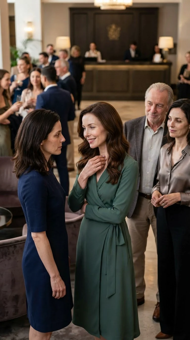 Lila smiles at Camille in front of two wealthy donors, one hand lifting a glass.