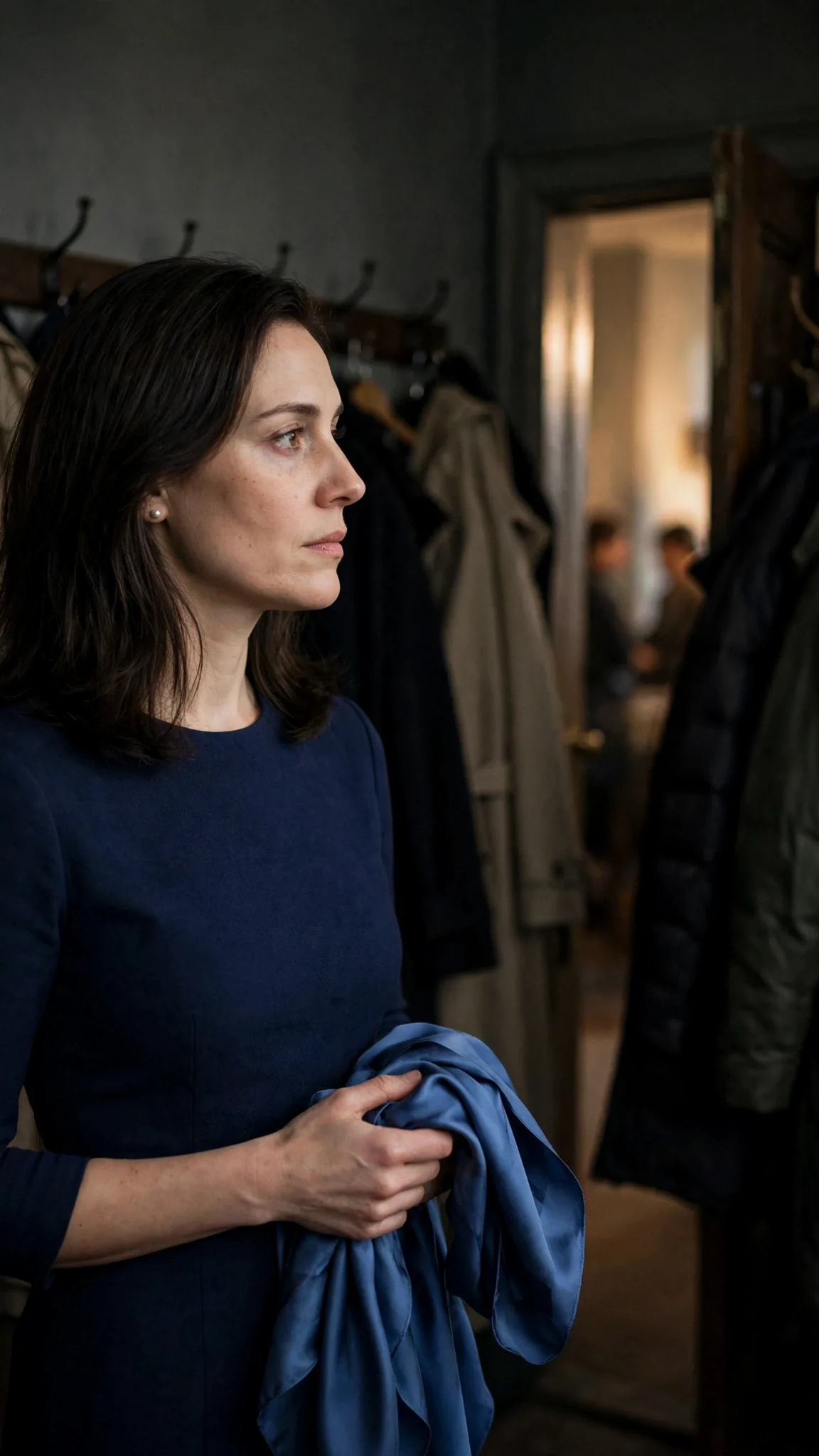 Camille stands outside a private office door in the coat room, listening.
