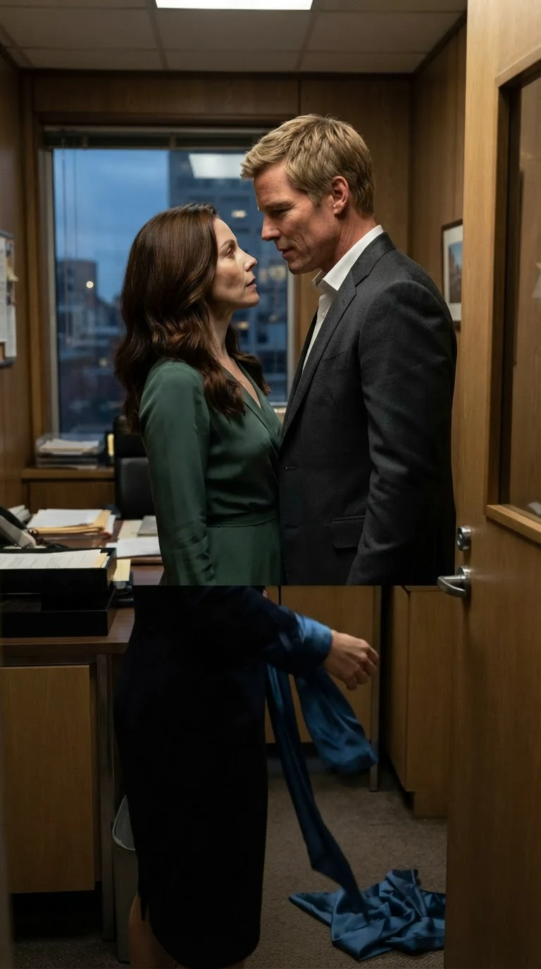 Graham and Lila stand close inside the private office, while a blue wrap falls at Camille's feet outside.