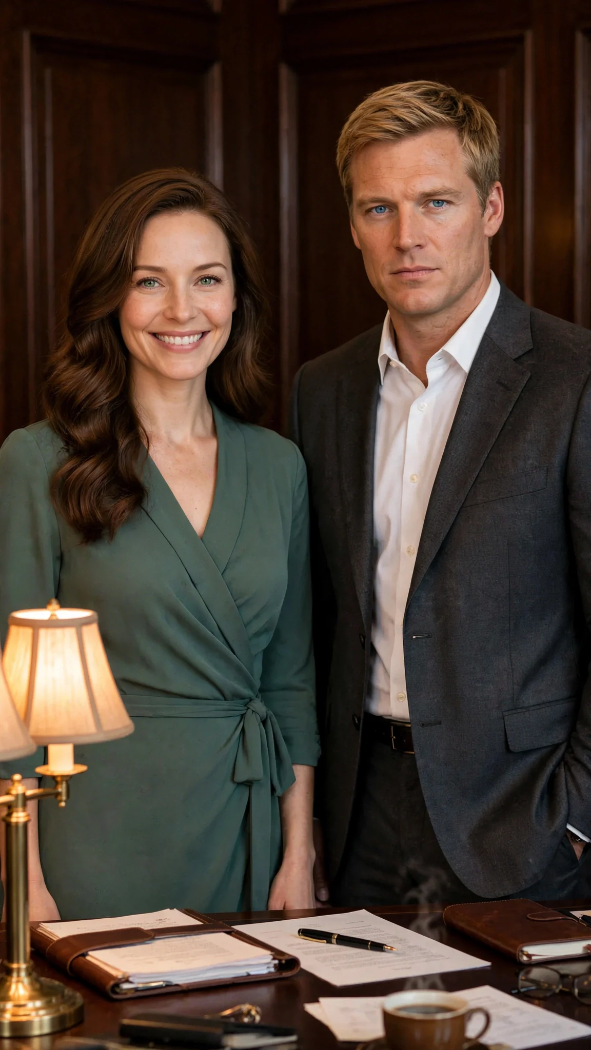 Lila smiles inside the office as Graham speaks, his expression cold and certain.