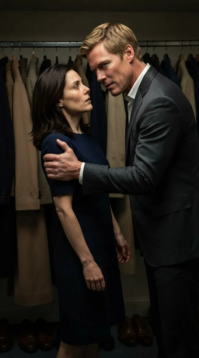 Graham grips Camille's arm in the coat room, his face close and threatening.