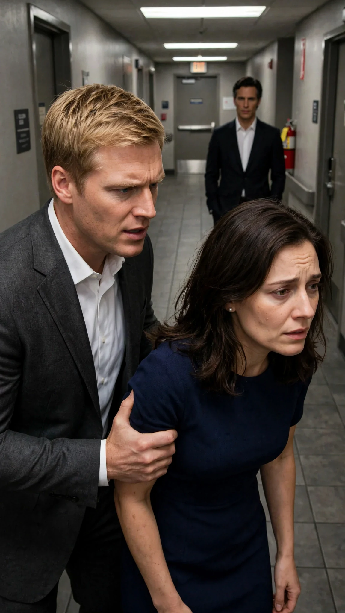 Elias appears at the end of the hall, hands in his pockets, watching Graham hold Camille.