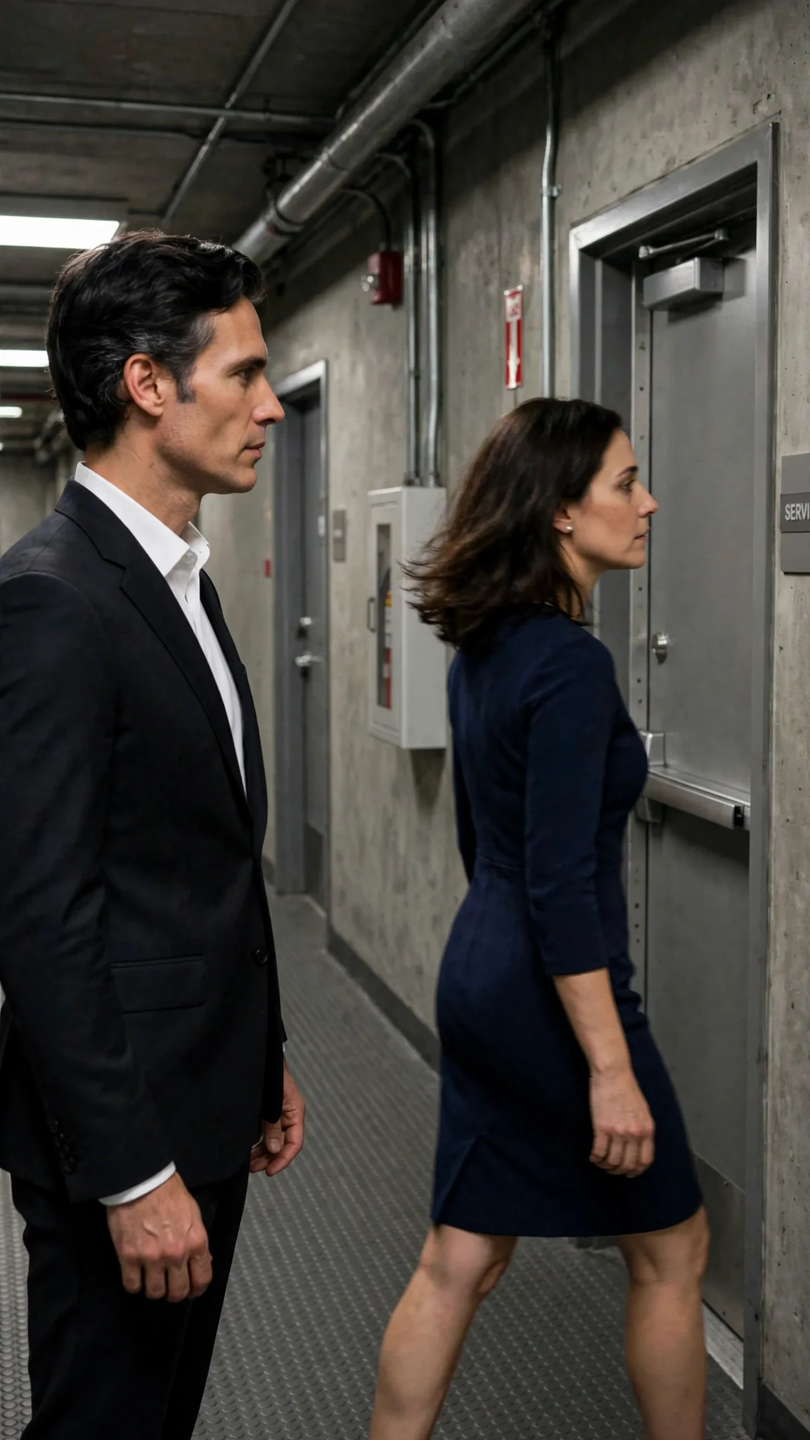 Elias watches Camille move toward a narrow service door, his gray eyes sharp and patient.